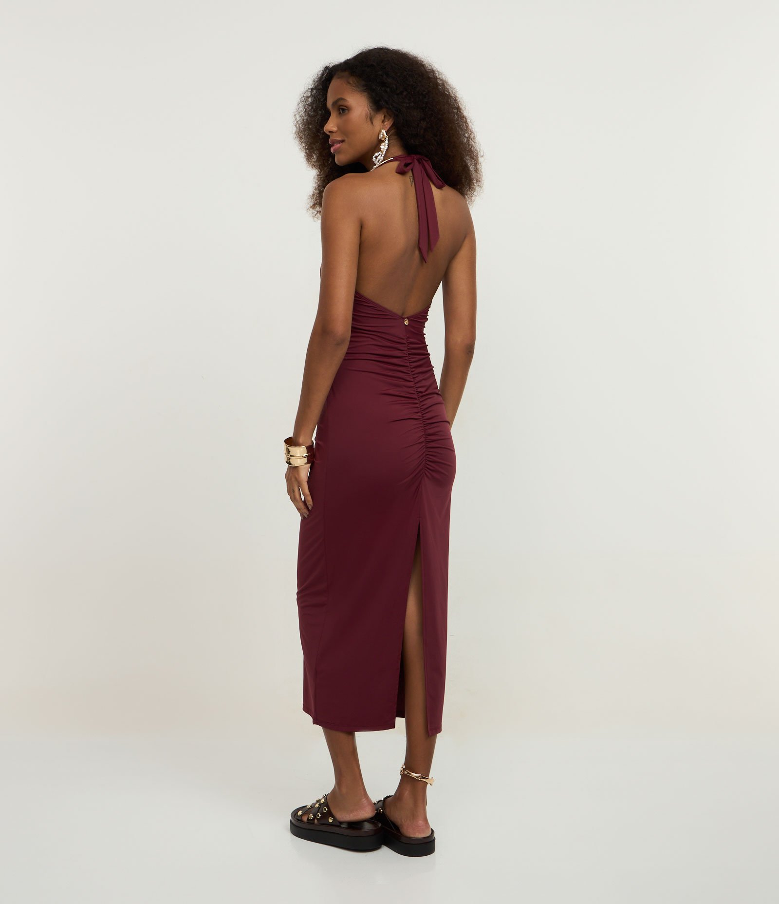 Saída de Praia Vestido Frente Única em Microfibra com Drapeados Bordô 4