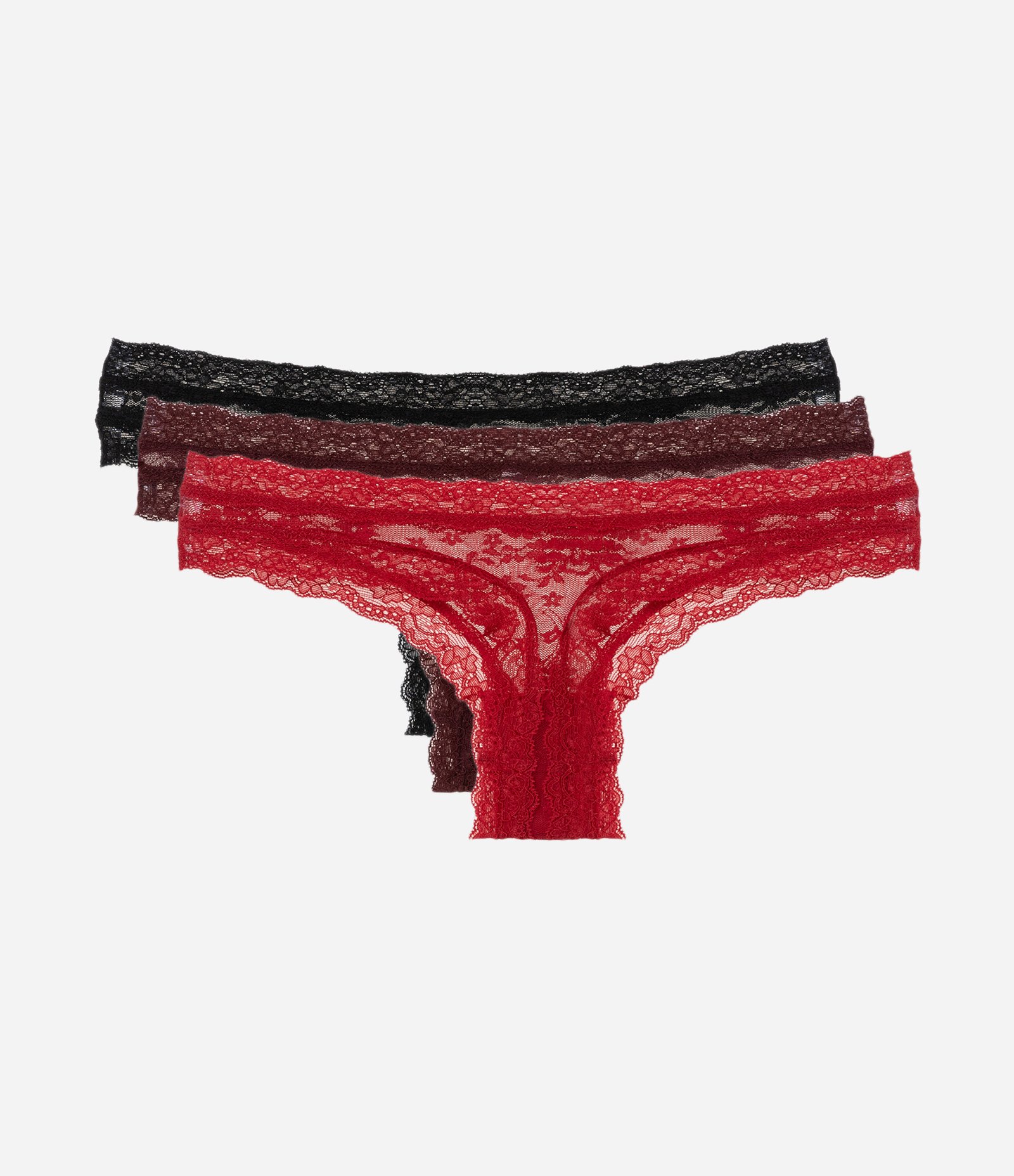 Kit 03 Calcinhas Biquíni Fio em Renda Floral Vermelho/Vinho/Preto 1