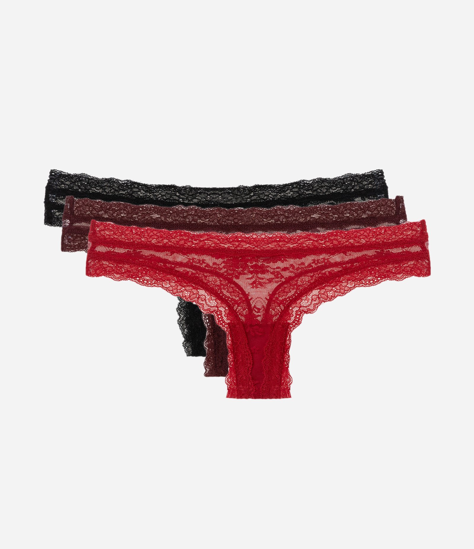 Kit 03 Calcinhas Biquíni Fio em Renda Floral Vermelho/Vinho/Preto 2