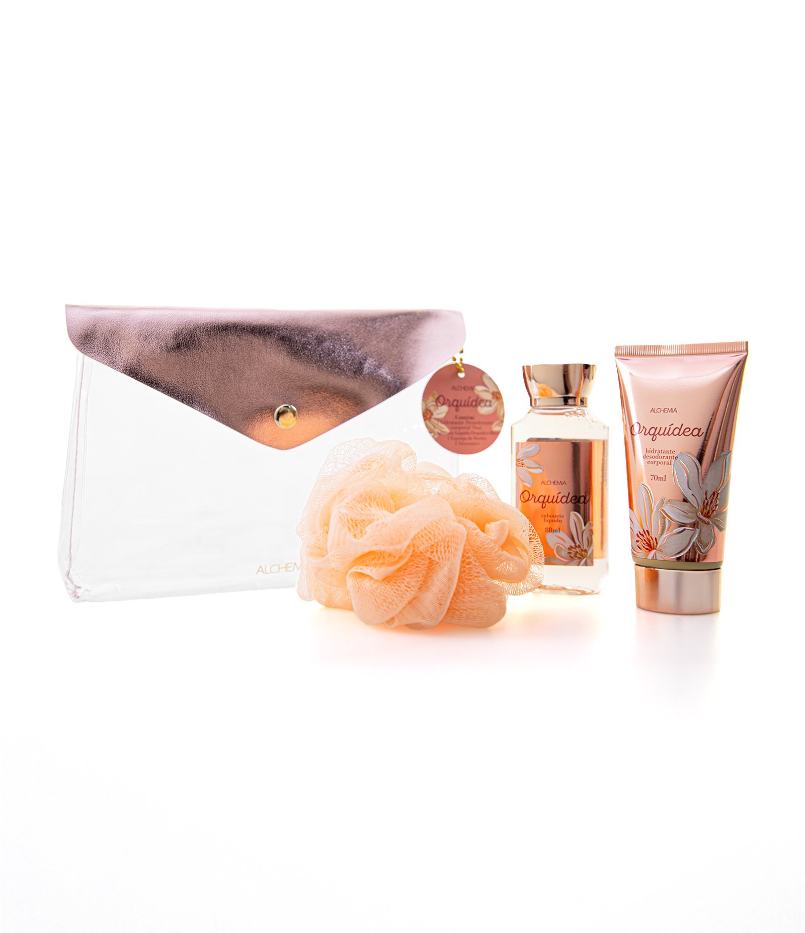 Kit Presente Corporal Necessaire Envelope com Sabonete Líquido + Hidratante Corporal + Esponja de Banho Alchemia KIT 2