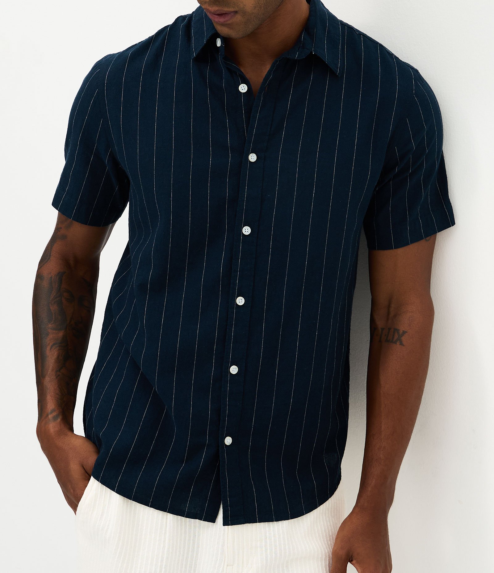 Camisa Listrada em Linho e Algodão Azul 1