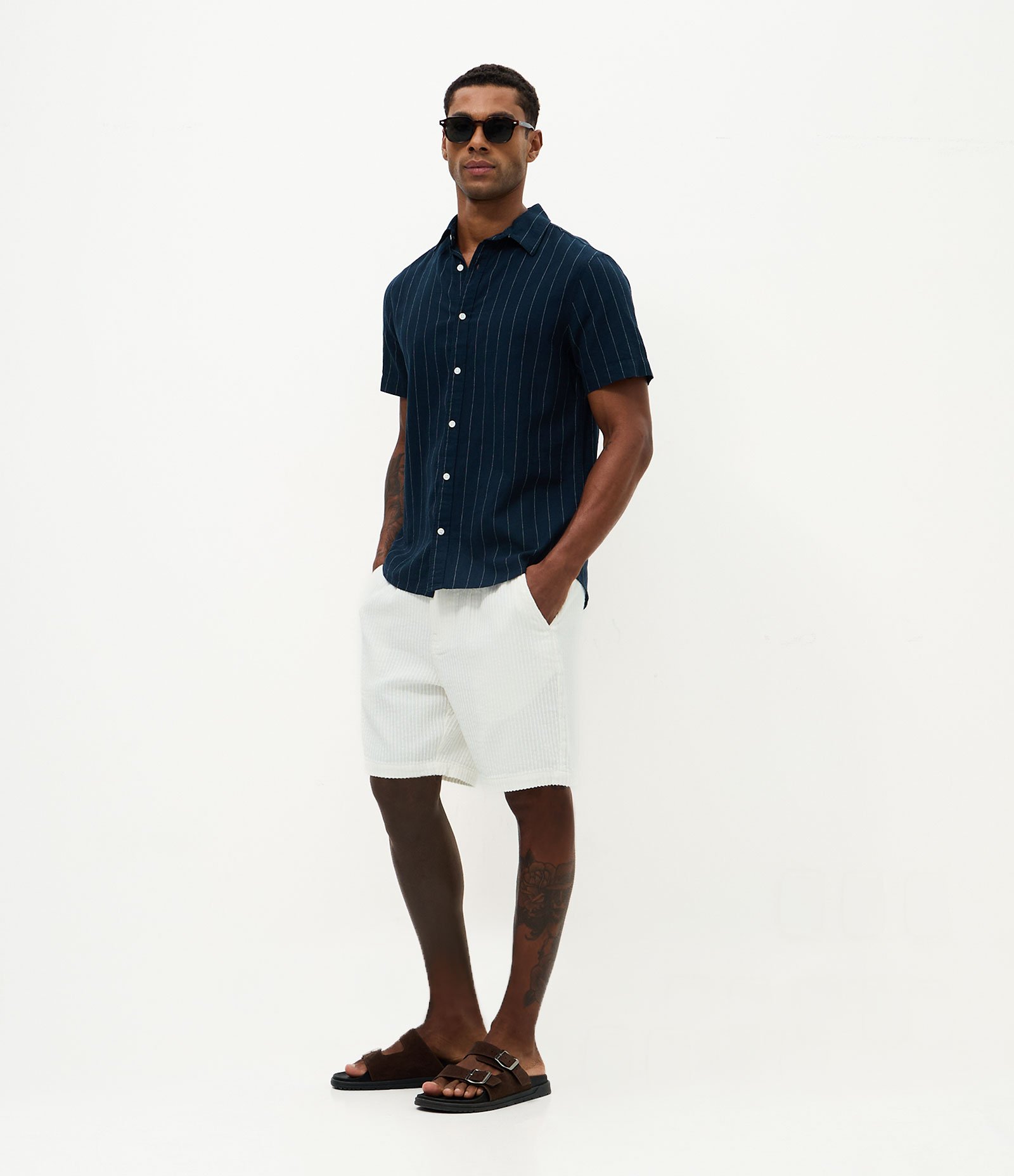 Camisa Listrada em Linho e Algodão Azul 3