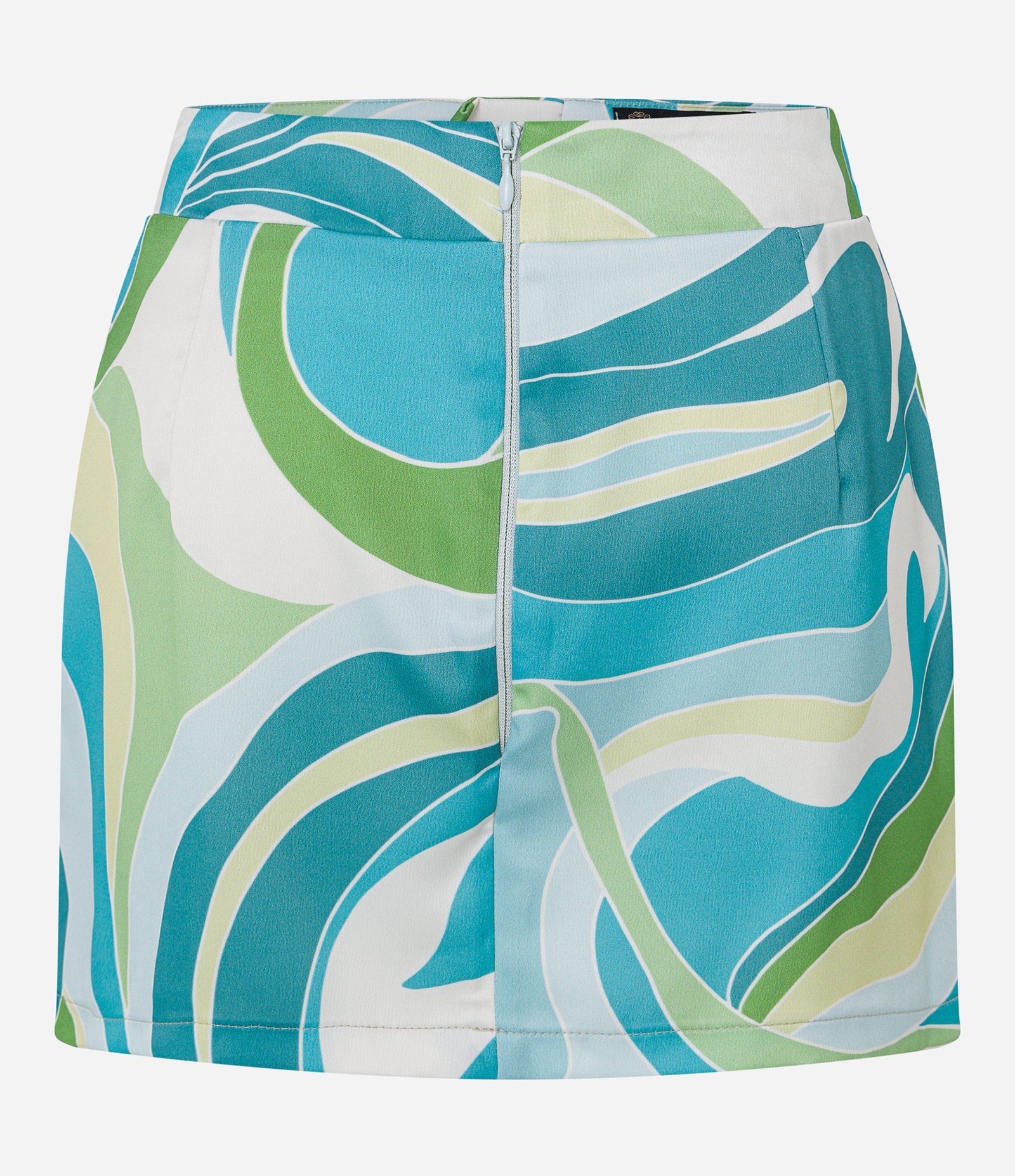 Saia Curta Reta em Cetim com Estampa Abstrata de Lenço Branco/Verde/Azul 7
