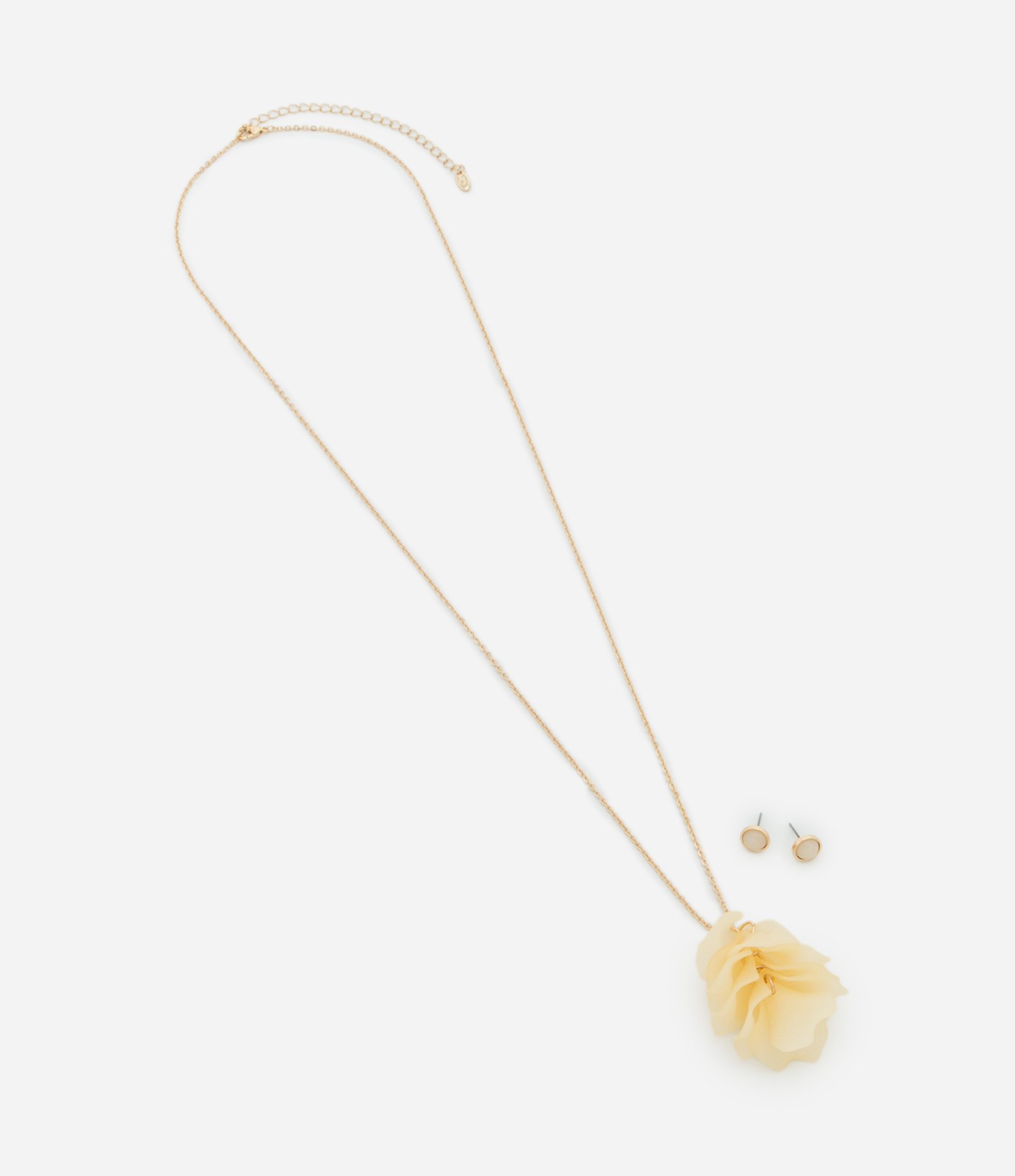 Conjunto de Colar Longo com Pingente de Pétalas e Brinco Botão Dourado 2