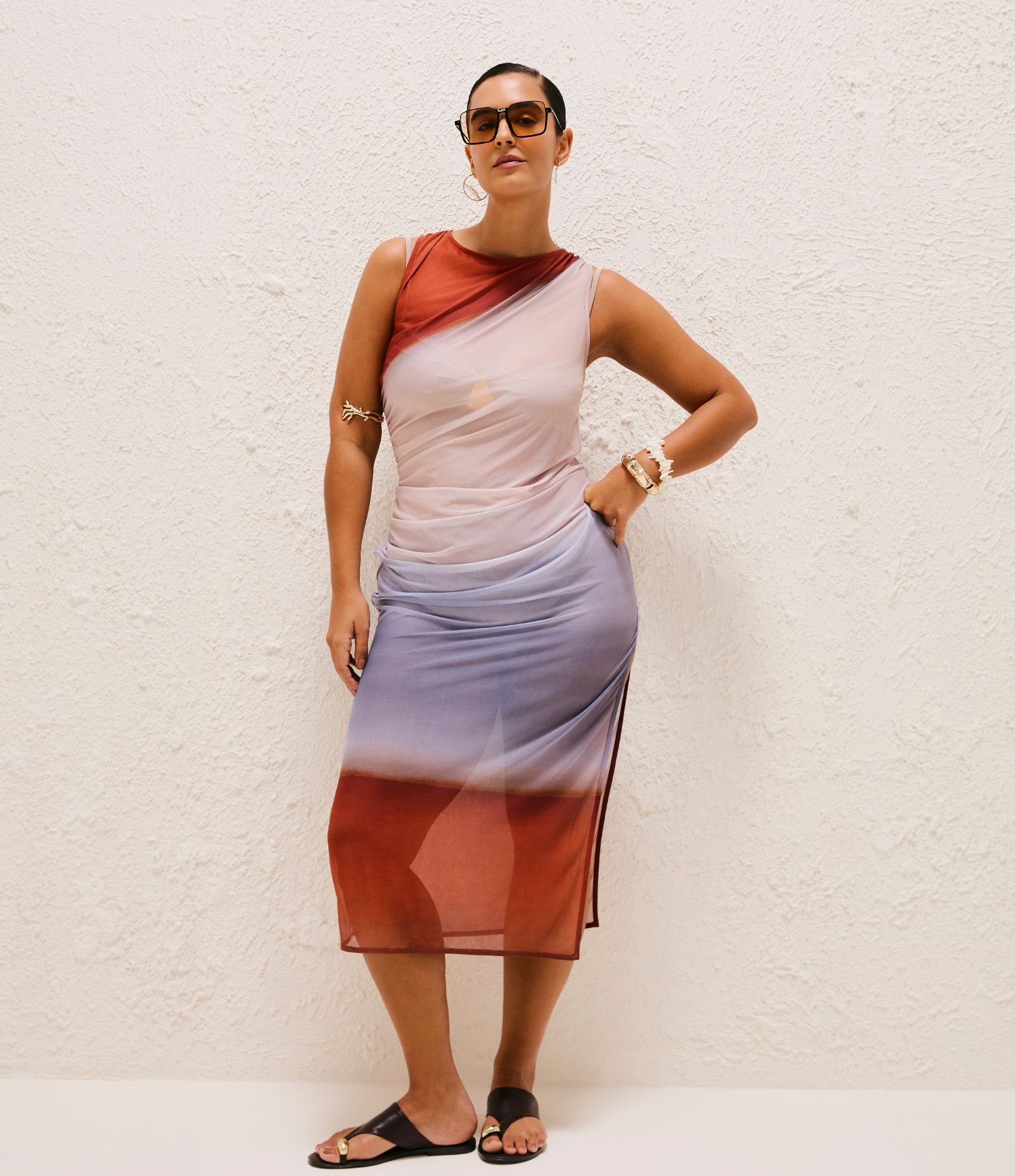 Saída de Praia Vestido em Tule Estampado Degradê Multicores 1