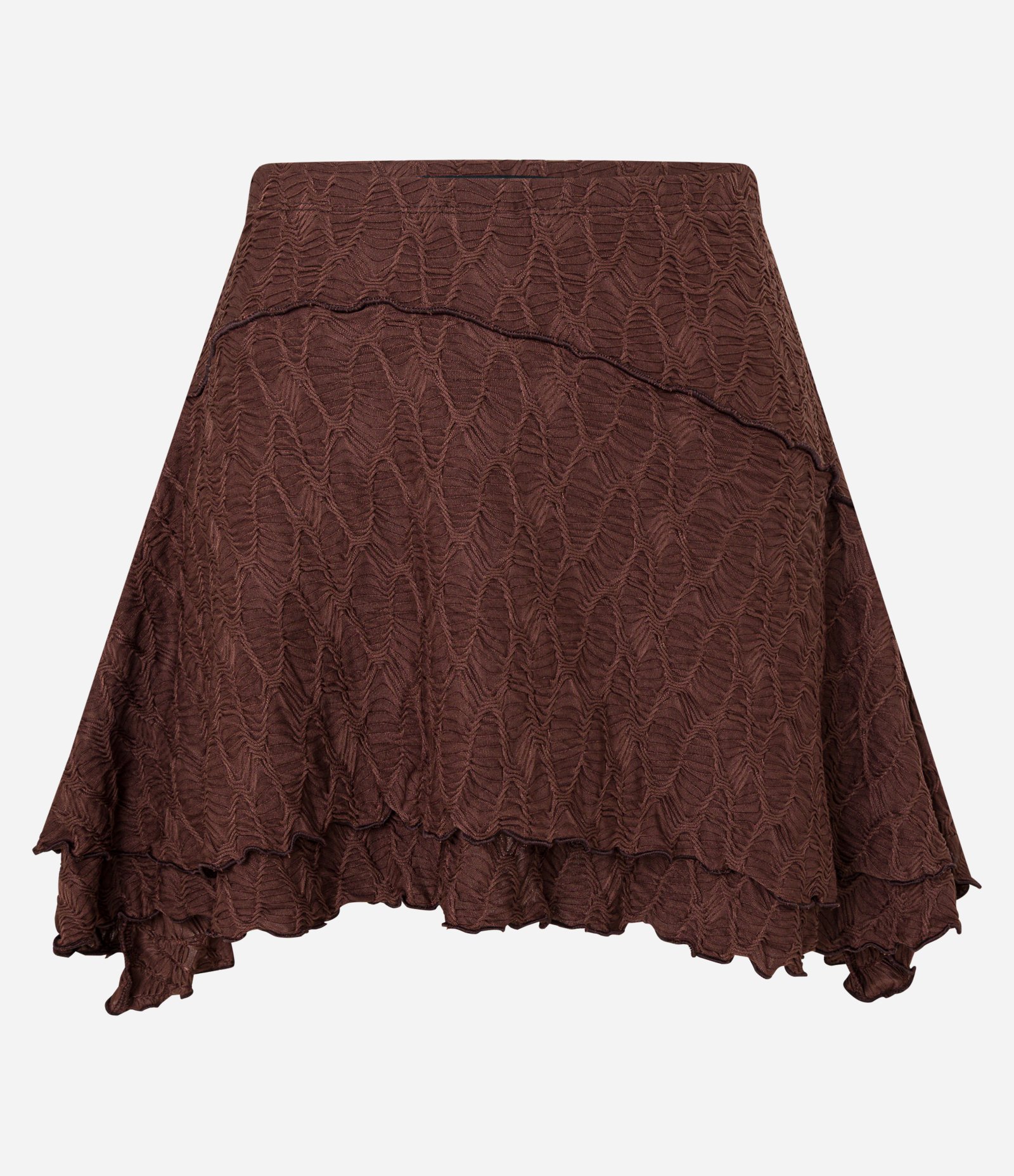 Saia Curta Evasê com Texturas e Sobreposições com Barra Assimétrica Marrom 5