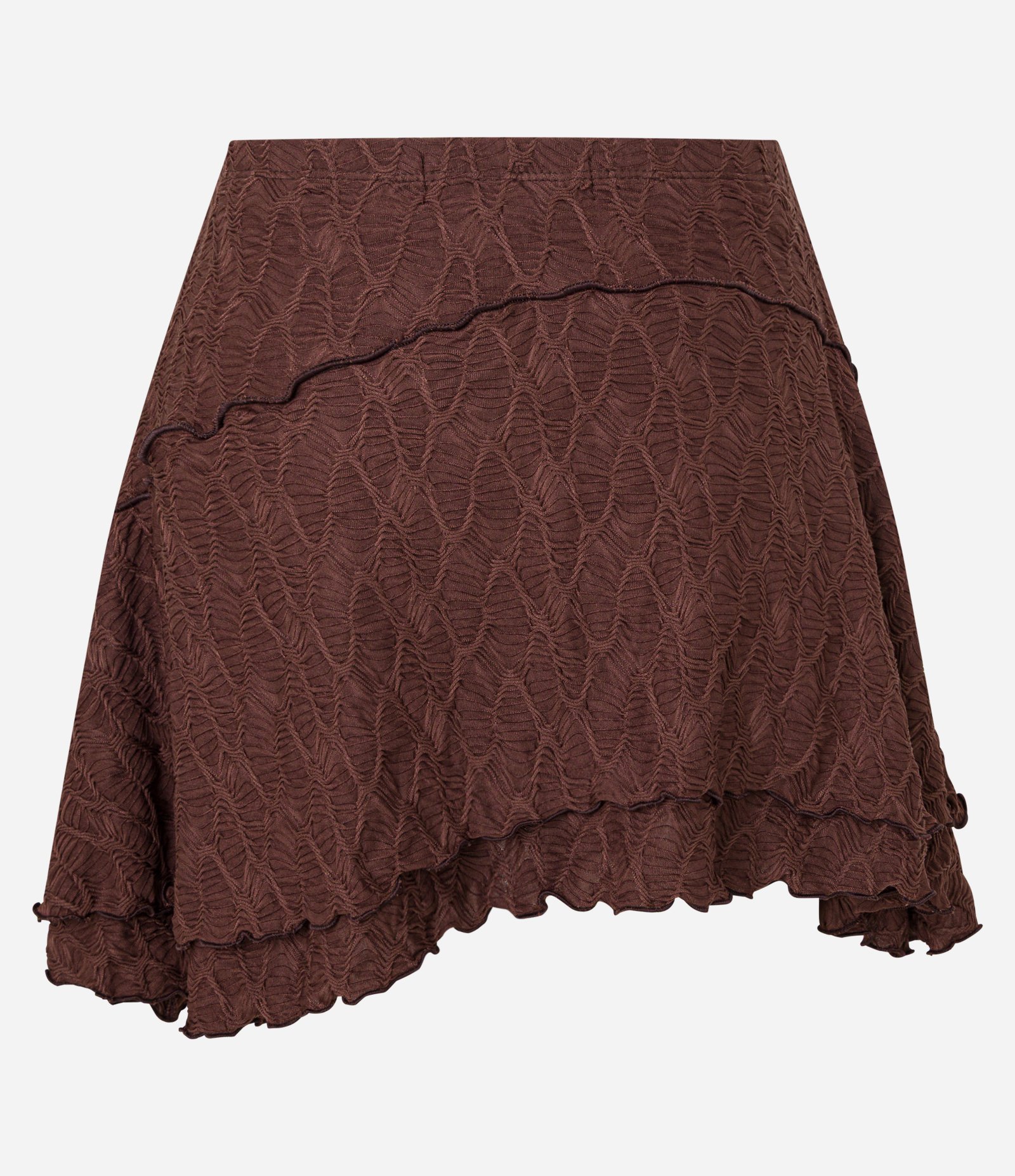 Saia Curta Evasê com Texturas e Sobreposições com Barra Assimétrica Marrom 8