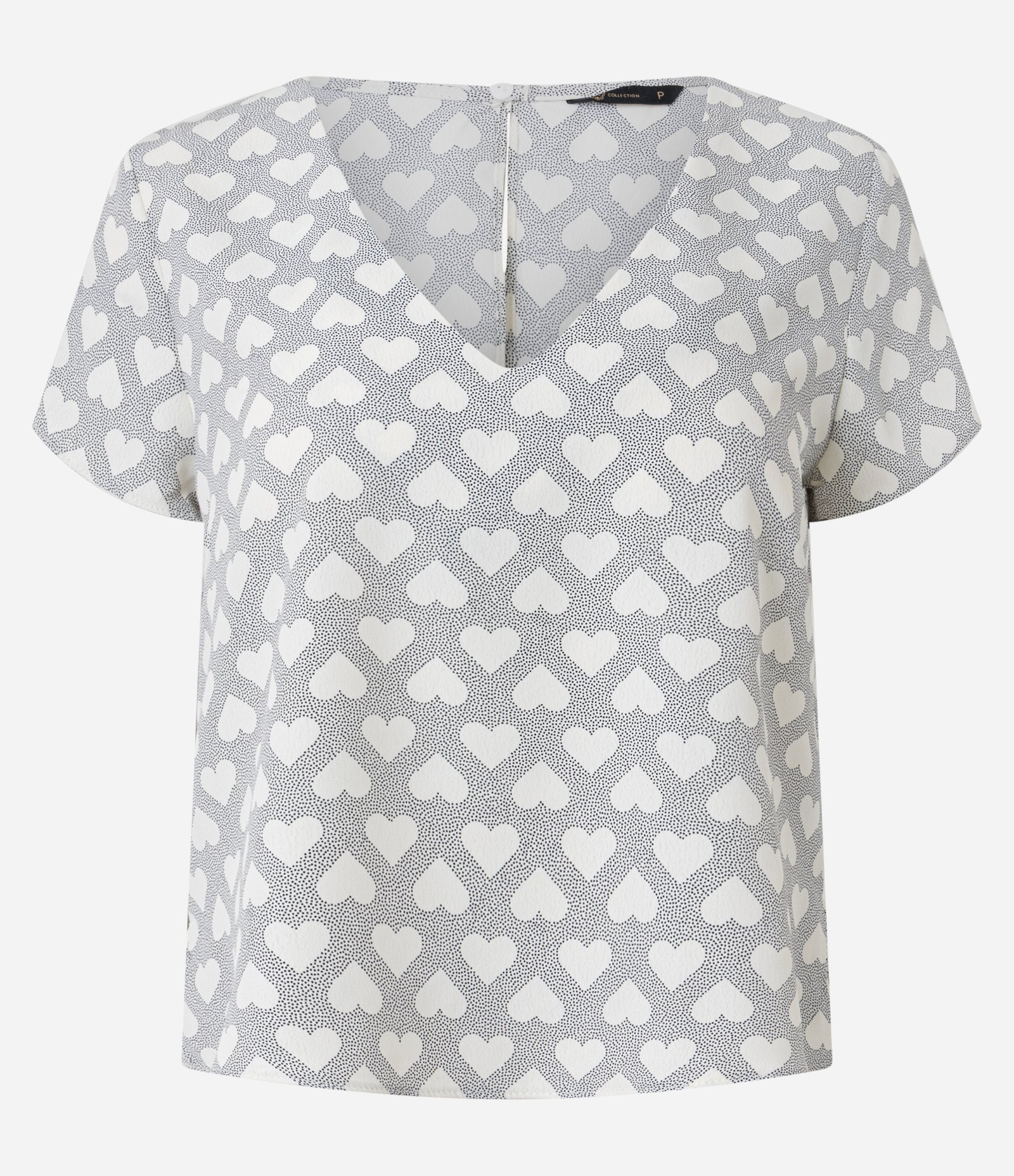 Blusa em Crepe com Decote V e Estampa Corações Cinza/Branco 5