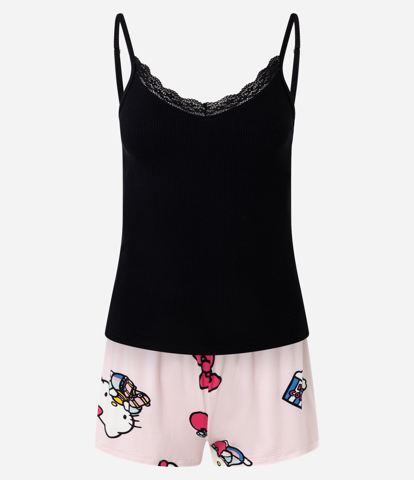 Pijama Short Doll em Ribana com Short Estampado Hello Kitty Preto/Rosa 5