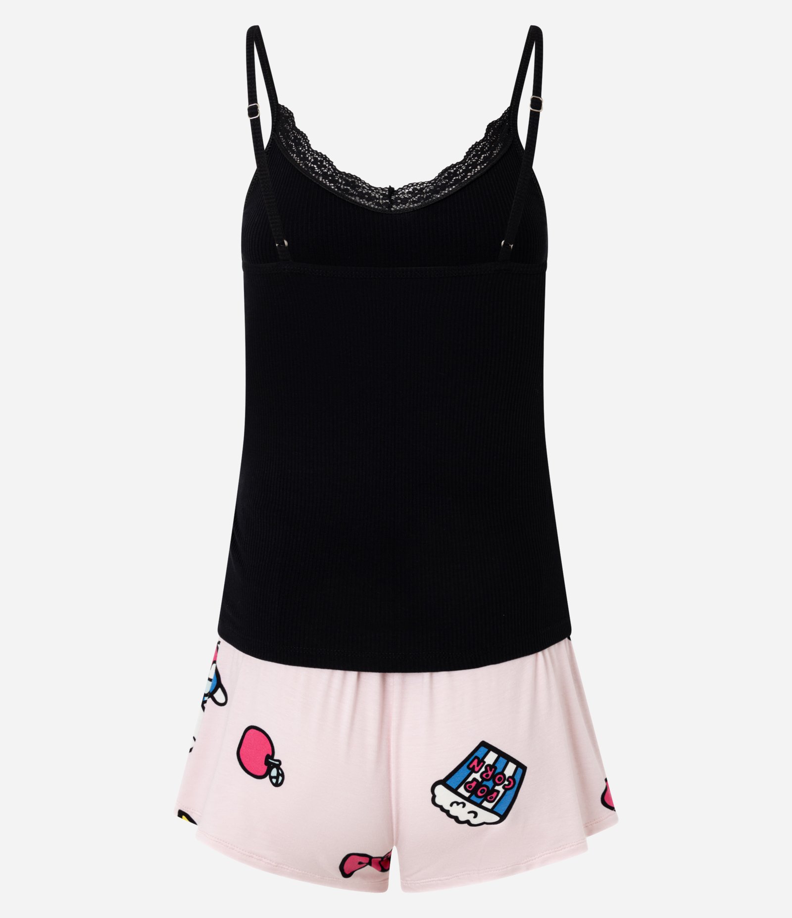 Pijama Short Doll em Ribana com Short Estampado Hello Kitty Preto/Rosa 7