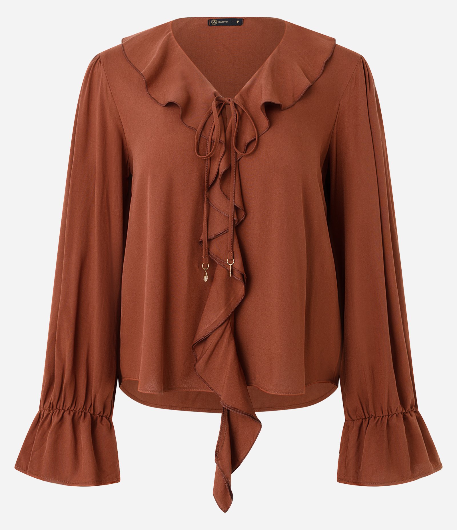 Blusa em Viscose com Babados no Decote e Punho Marrom 6