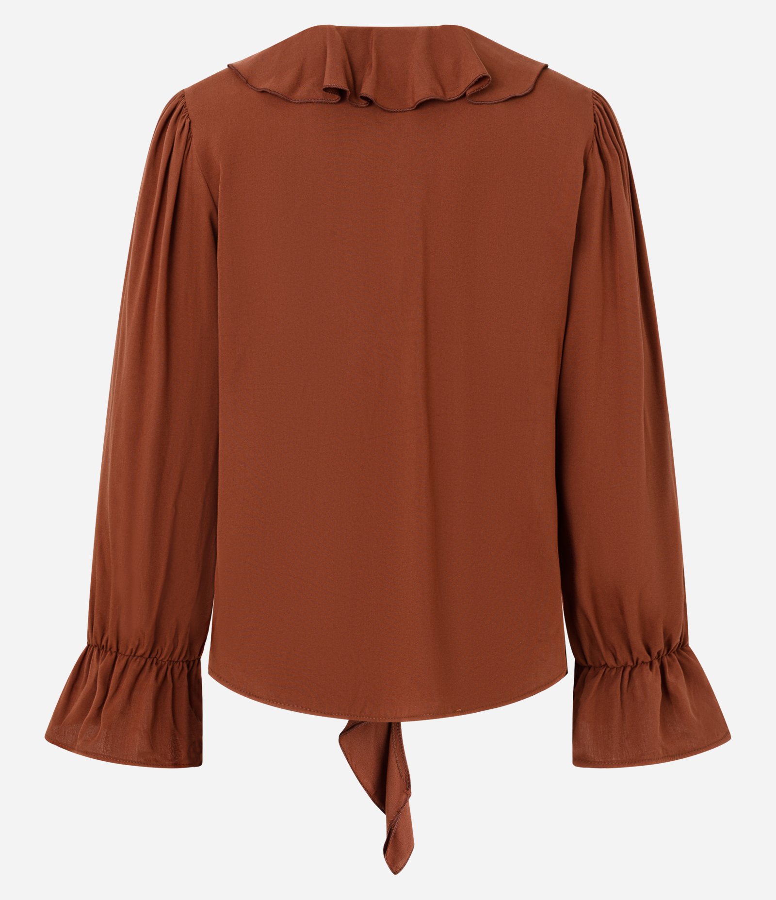 Blusa em Viscose com Babados no Decote e Punho Marrom 7