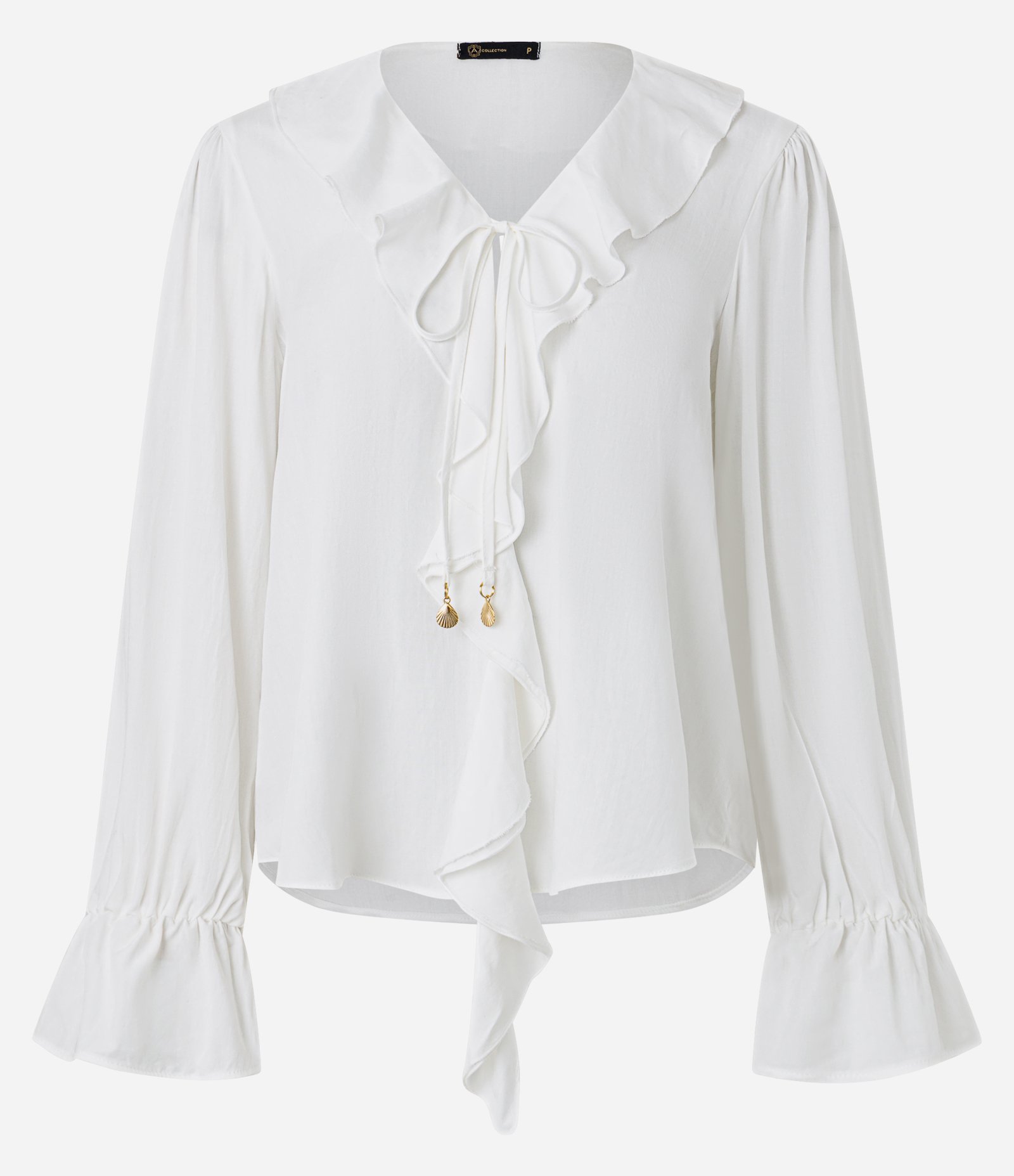 Blusa em Viscose com Babados no Decote e Punho Off White 7