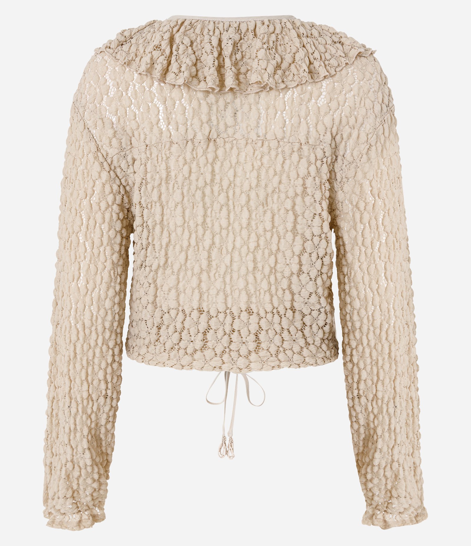 Blusa Bata em Renda Texturizada com Babados no Decote Bege Claro 6