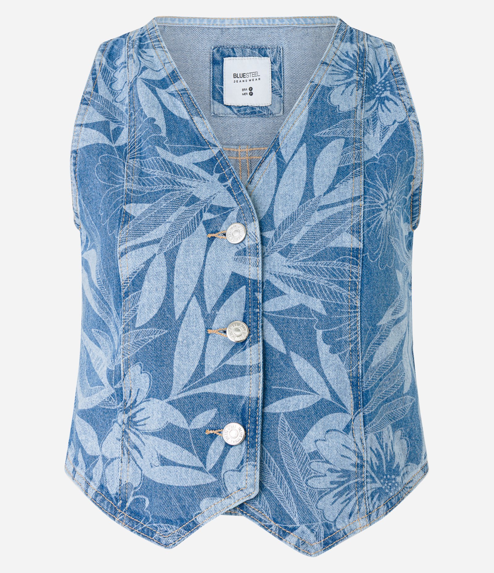 Colete em Jeans com Botões e Estampa Foral Azul 5