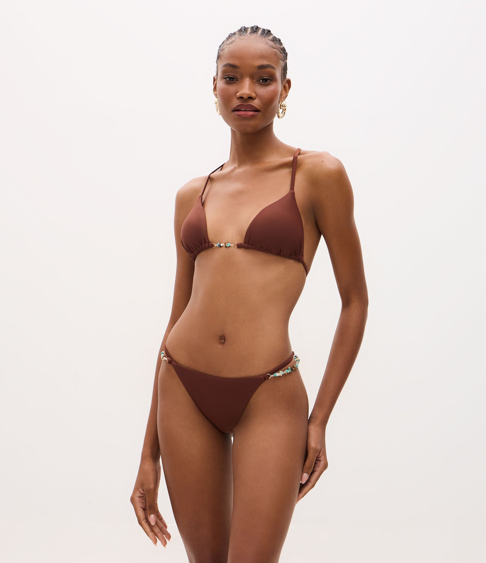 Biquini Top com Costas Trançadas e Aviamento de Pedrinhas Marrom 2