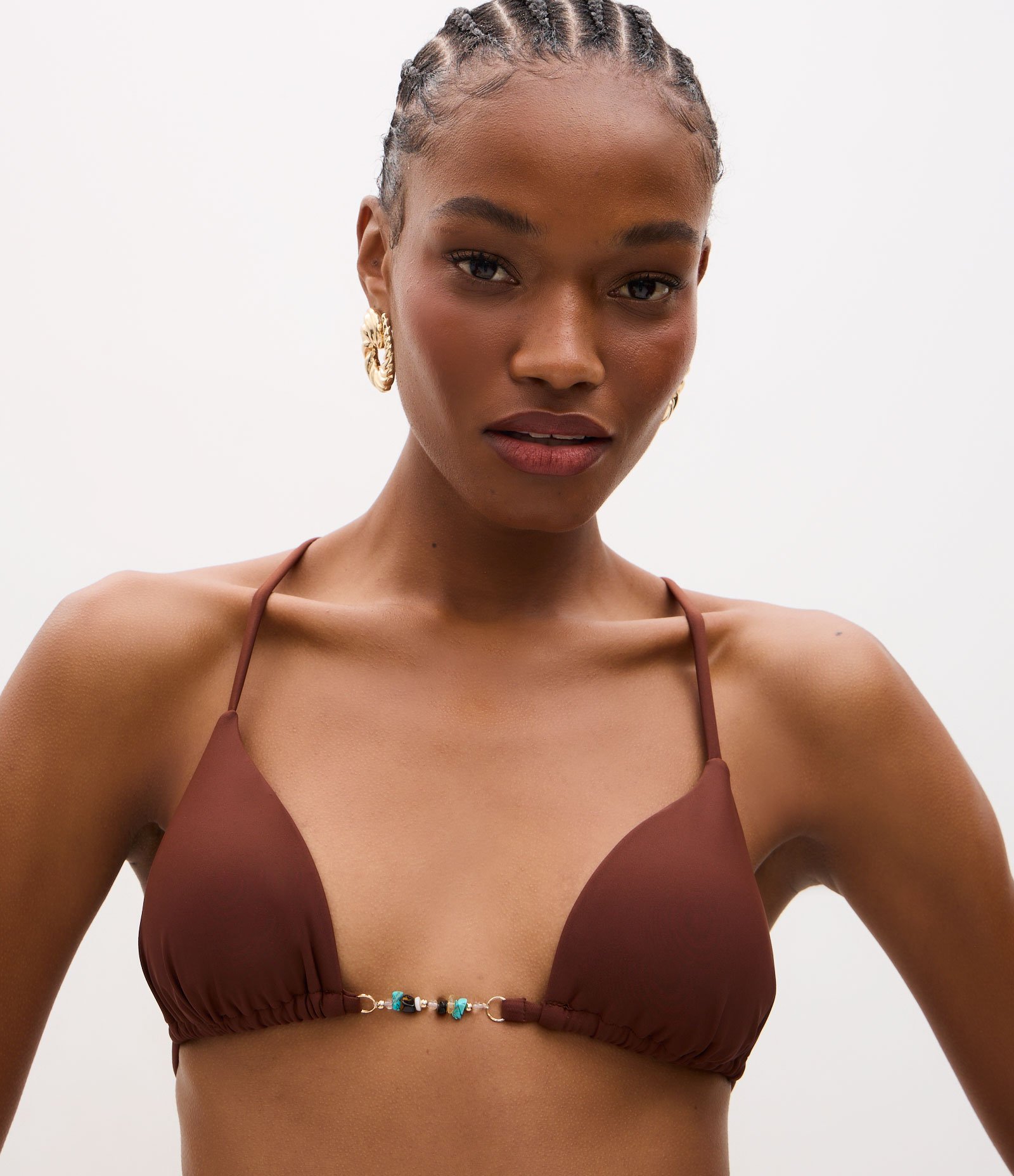 Biquini Top com Costas Trançadas e Aviamento de Pedrinhas Marrom 3