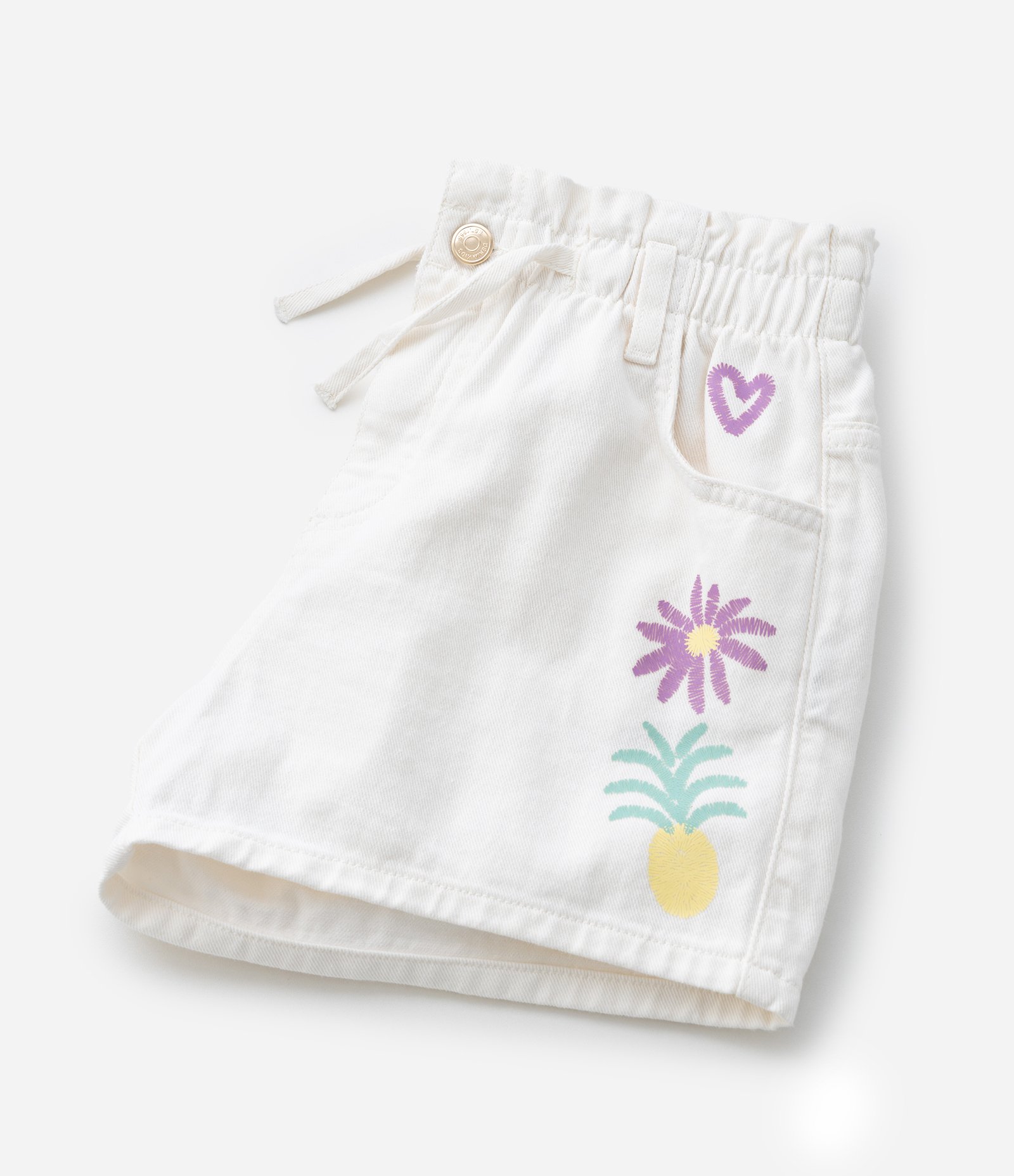 Short Infantil Clochard em Sarja com Estampa Tropical Bordada - Tam 5 a 14 Anos Branco 8