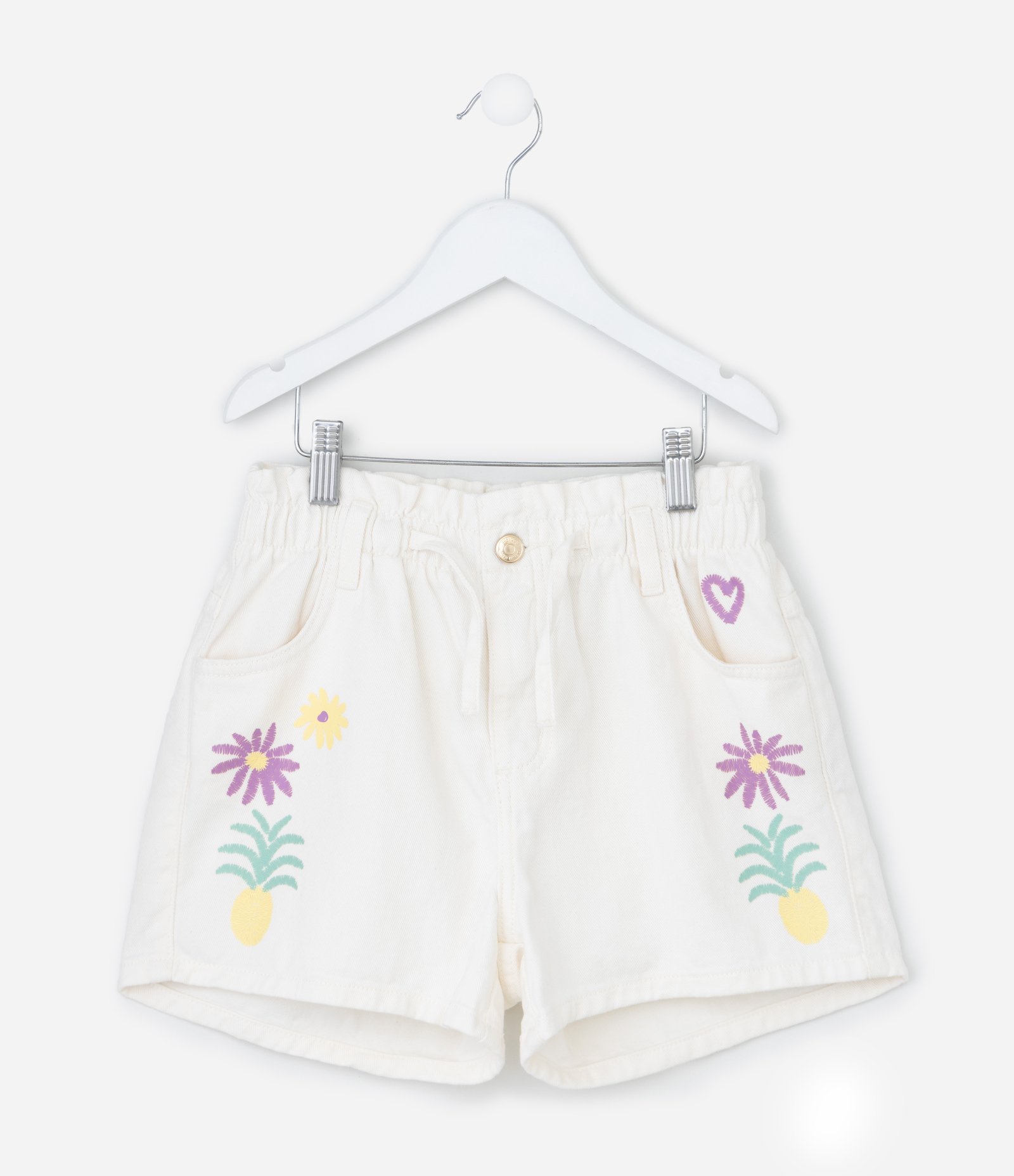 Short Infantil Clochard em Sarja com Estampa Tropical Bordada - Tam 5 a 14 Anos Branco 1