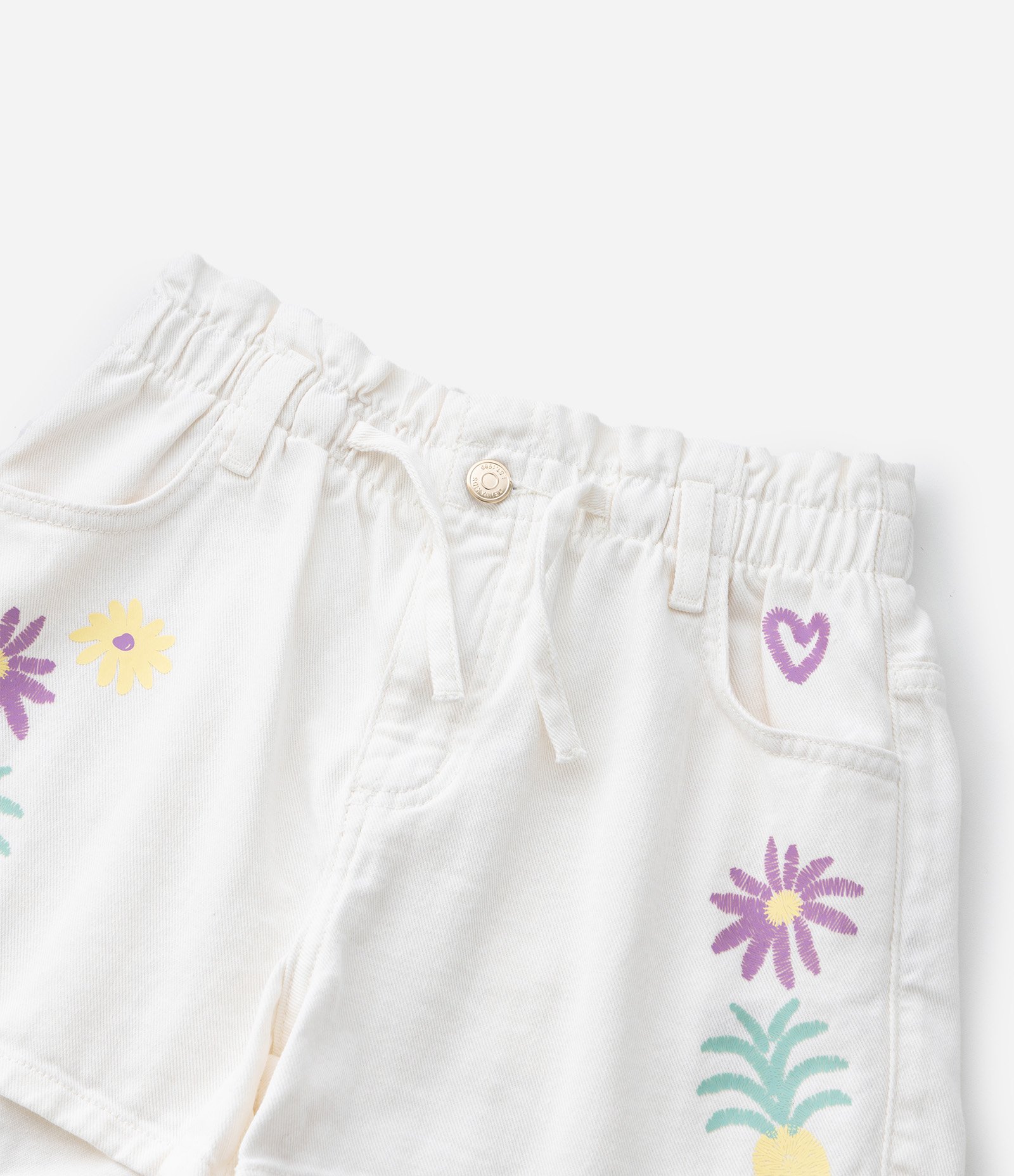 Short Infantil Clochard em Sarja com Estampa Tropical Bordada - Tam 5 a 14 Anos Branco 5