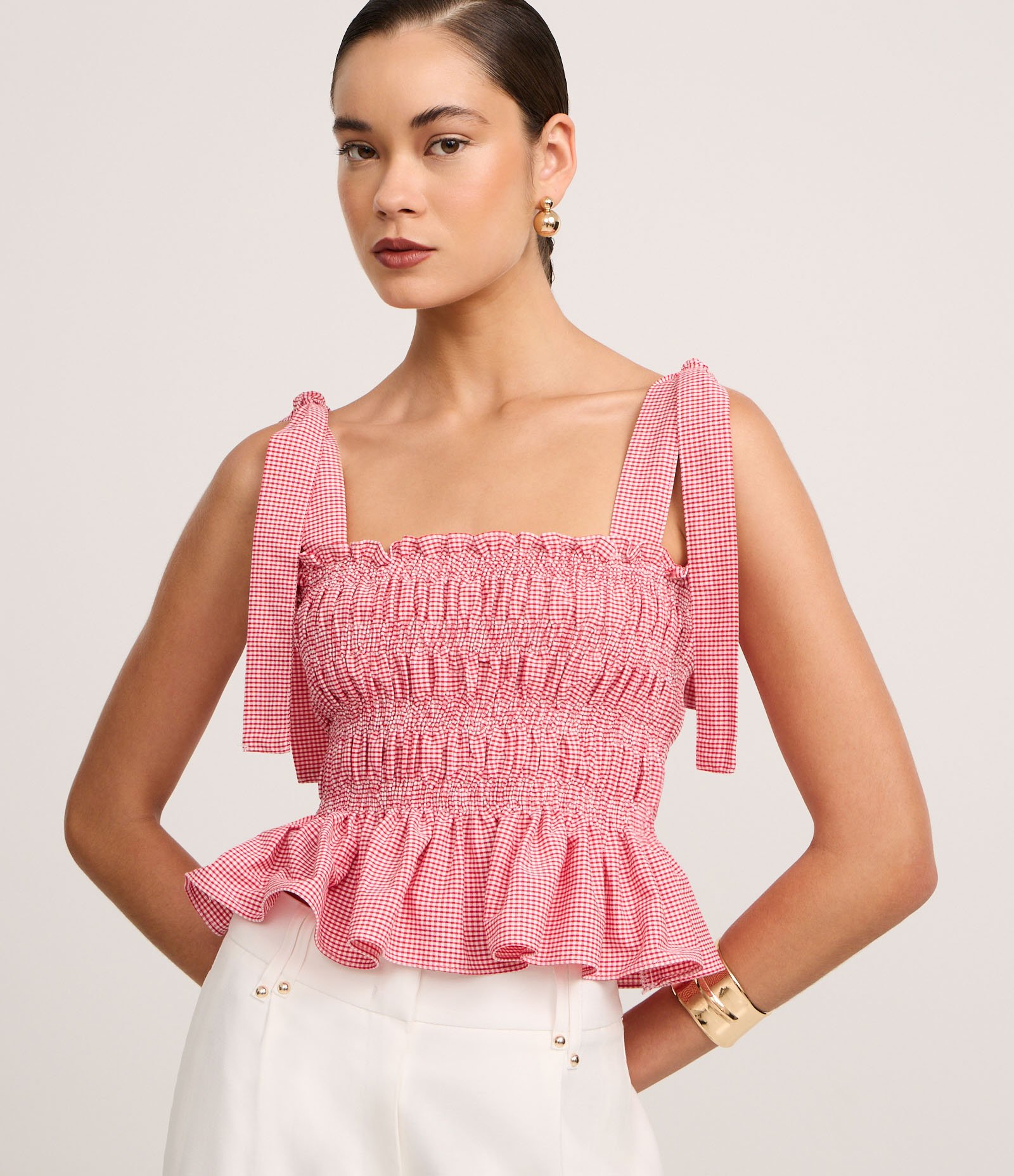 Blusa Alfaiatada Xadrez com Amarração na Alça Rosa 1