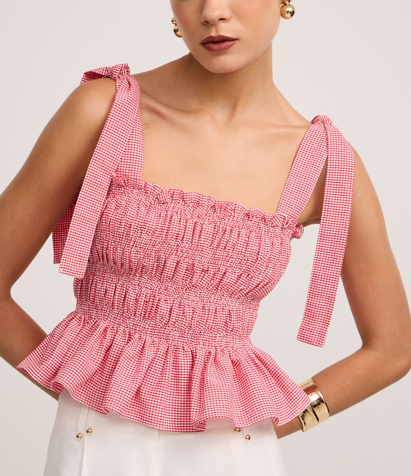 Blusa Alfaiatada Xadrez com Amarração na Alça Rosa 4