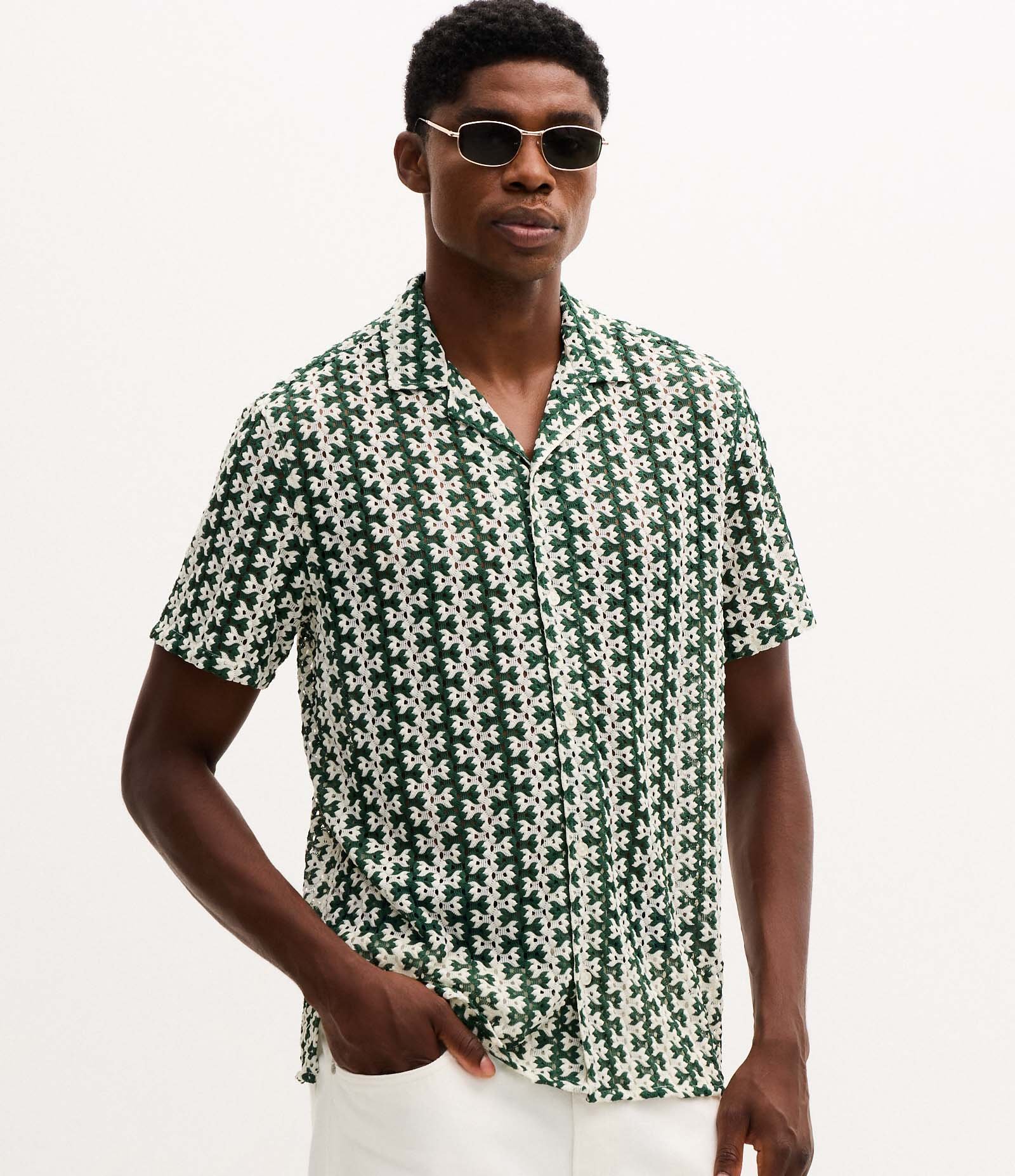 Camisa Manga Curta Texturizada em Listra Verde 1