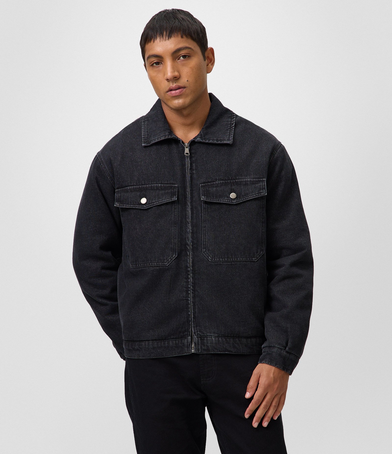 Jaqueta Masculina Jeans Boxy com Zíper Preto 1