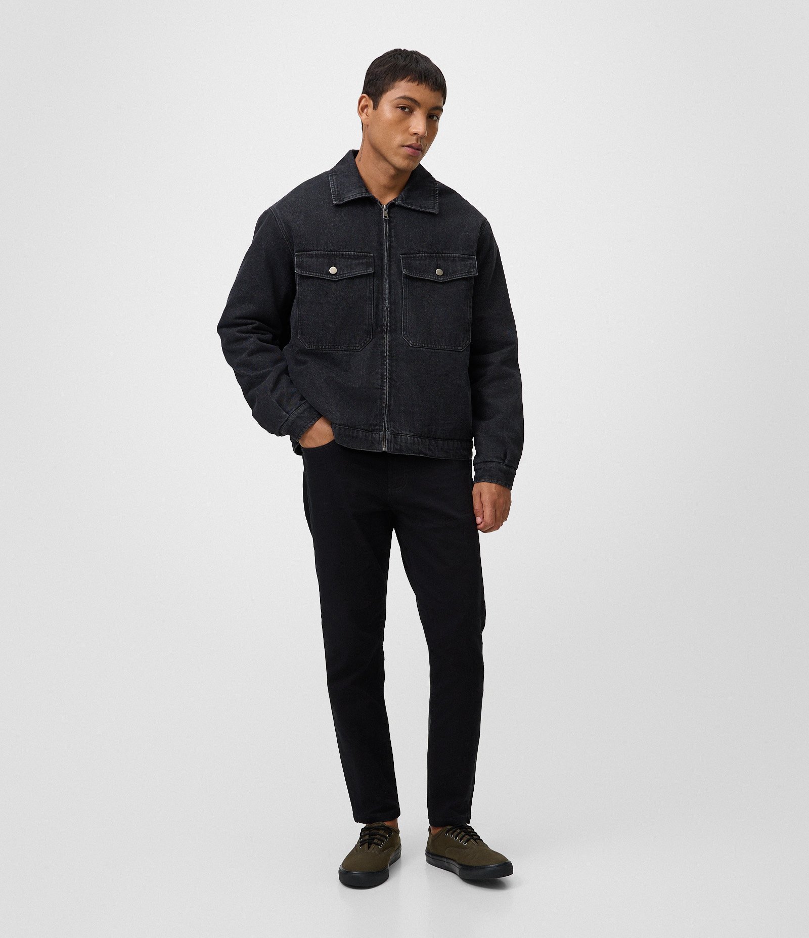 Jaqueta Masculina Jeans Boxy com Zíper Preto 2