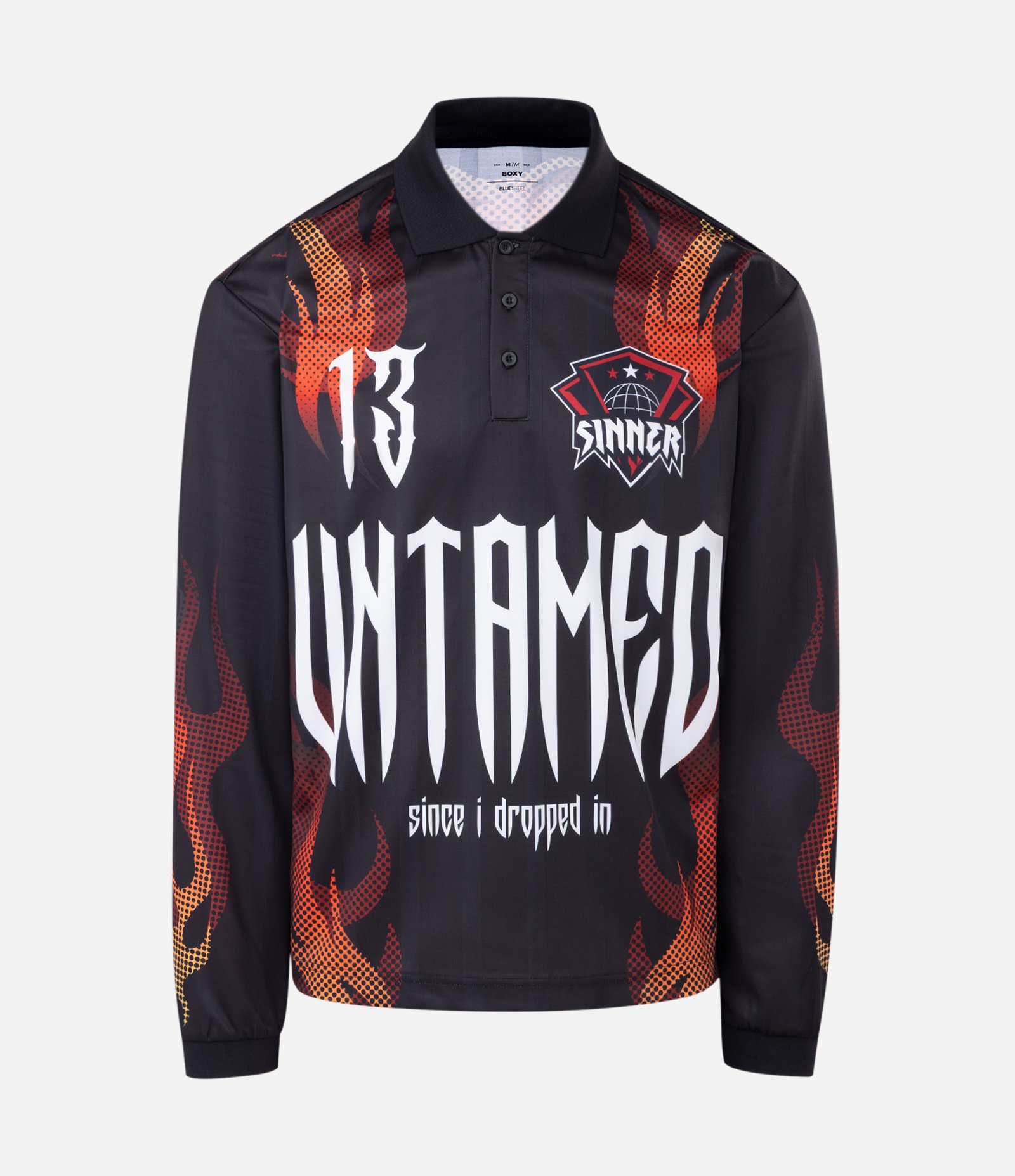 Camiseta Boxy Manga Longa Estampa Chamas e Lettering Sinner Preto 5