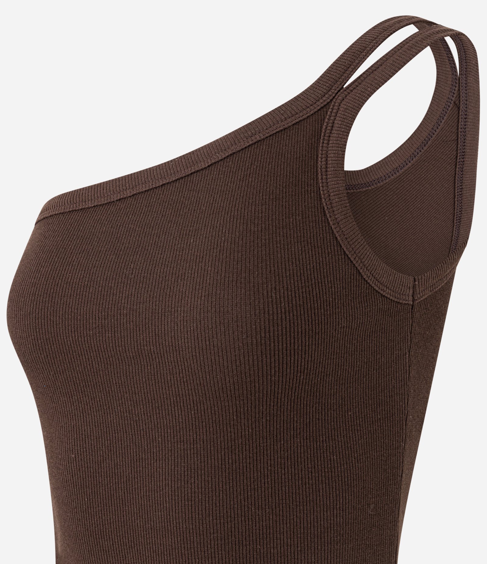 Blusa em Ribana com Um Ombro Só e Alça Dupla Marrom 2