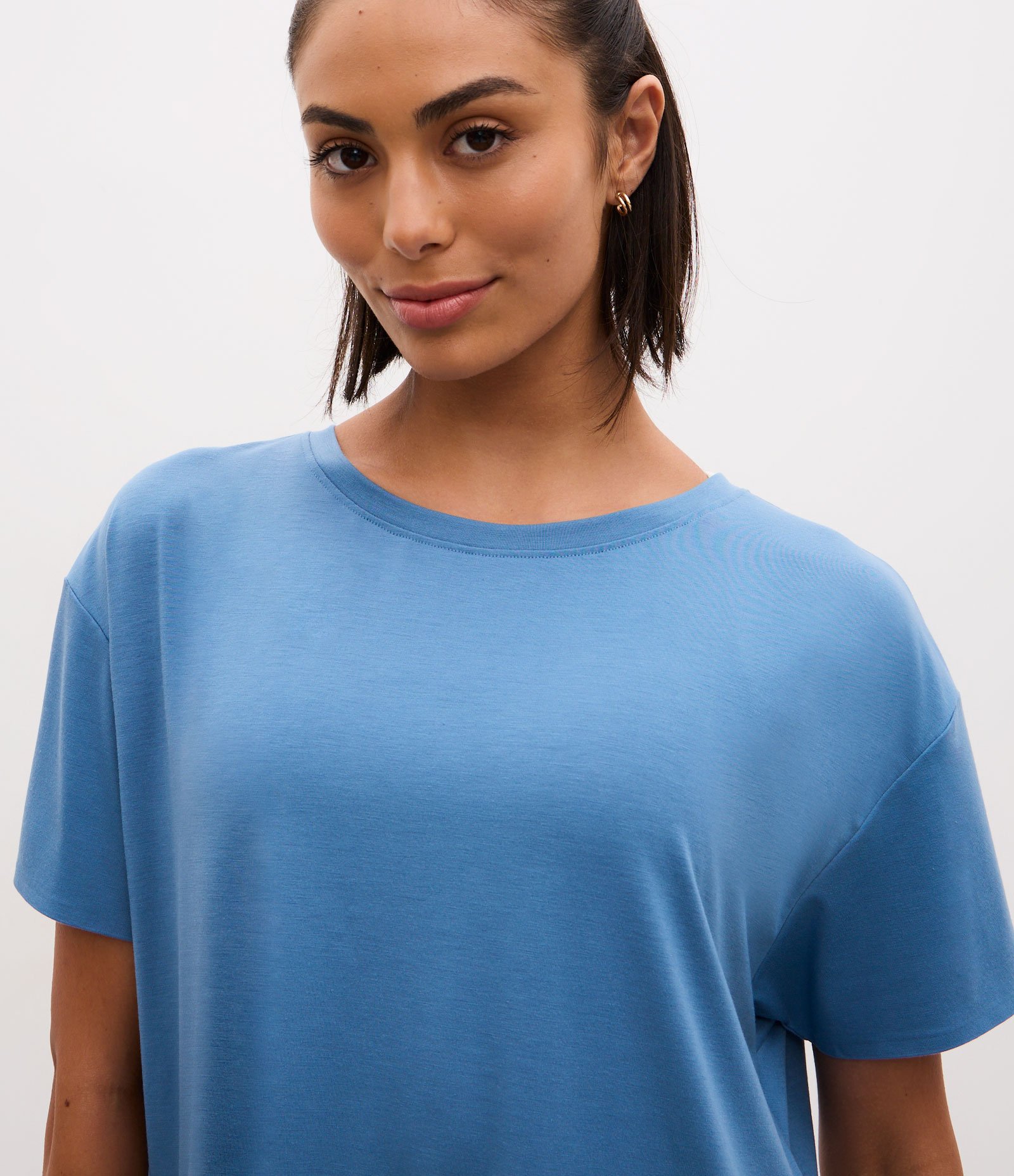 Camiseta Regular em Microfibra Ampla com Fendas Laterais Azul 3