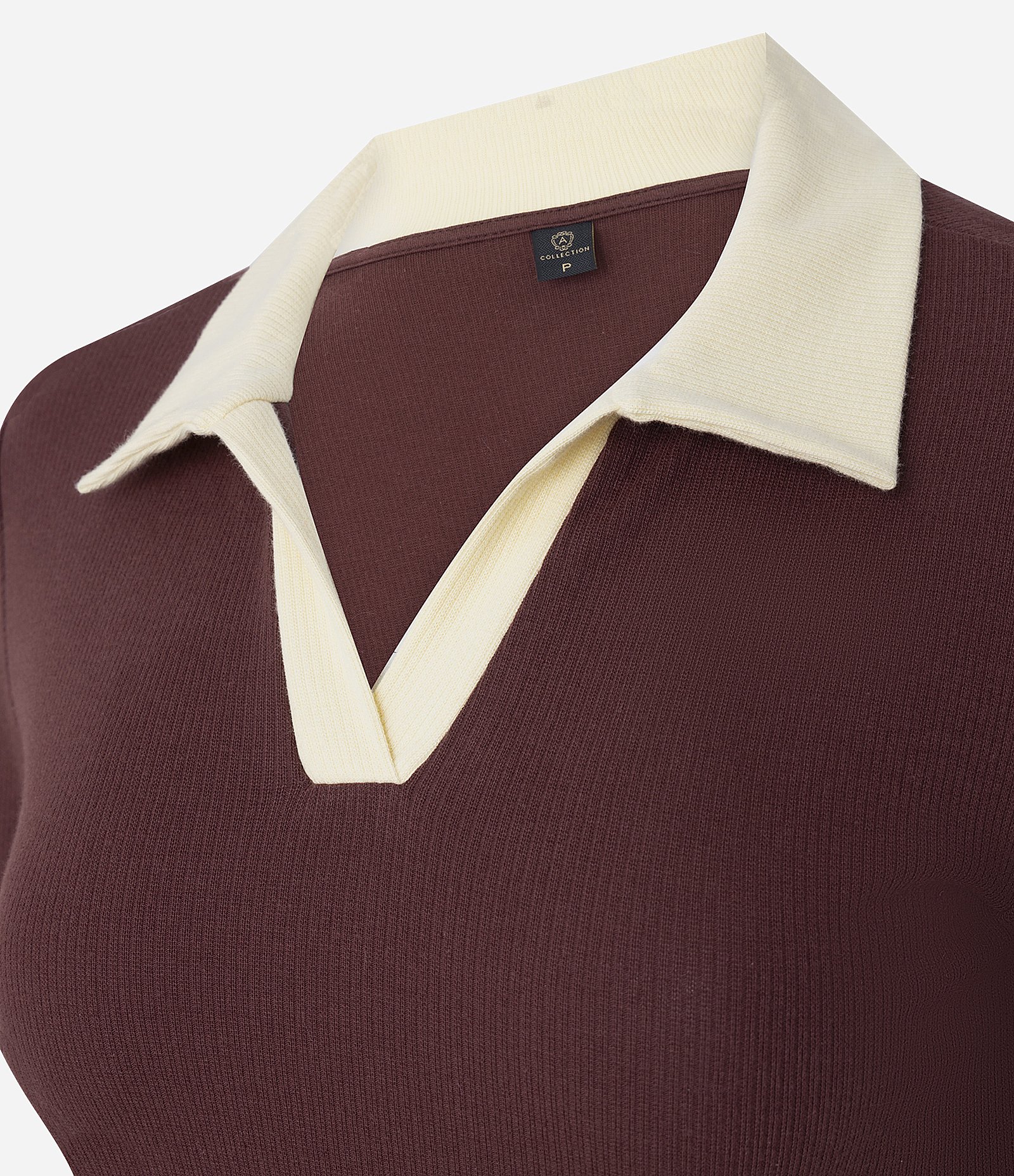 Blusa Canelada em Ribana com Gola Polo Contrastante Marrom 7