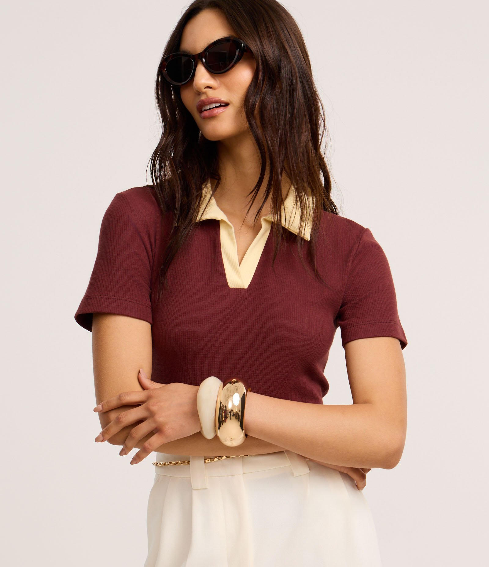 Blusa Canelada em Ribana com Gola Polo Contrastante Marrom 1