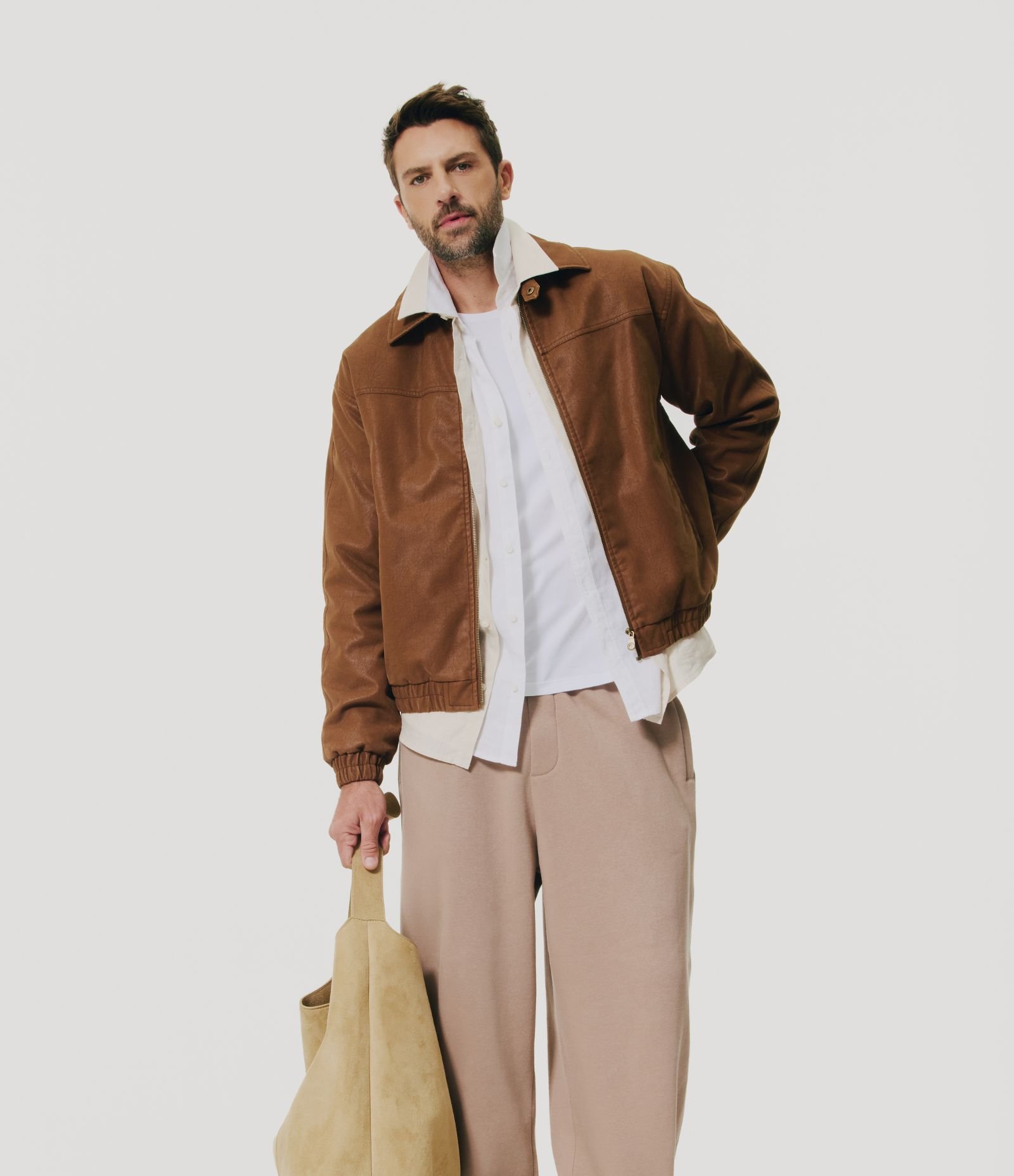 Calça Baggy em Moletom com Felpa e Barra Regulável Taupe 1
