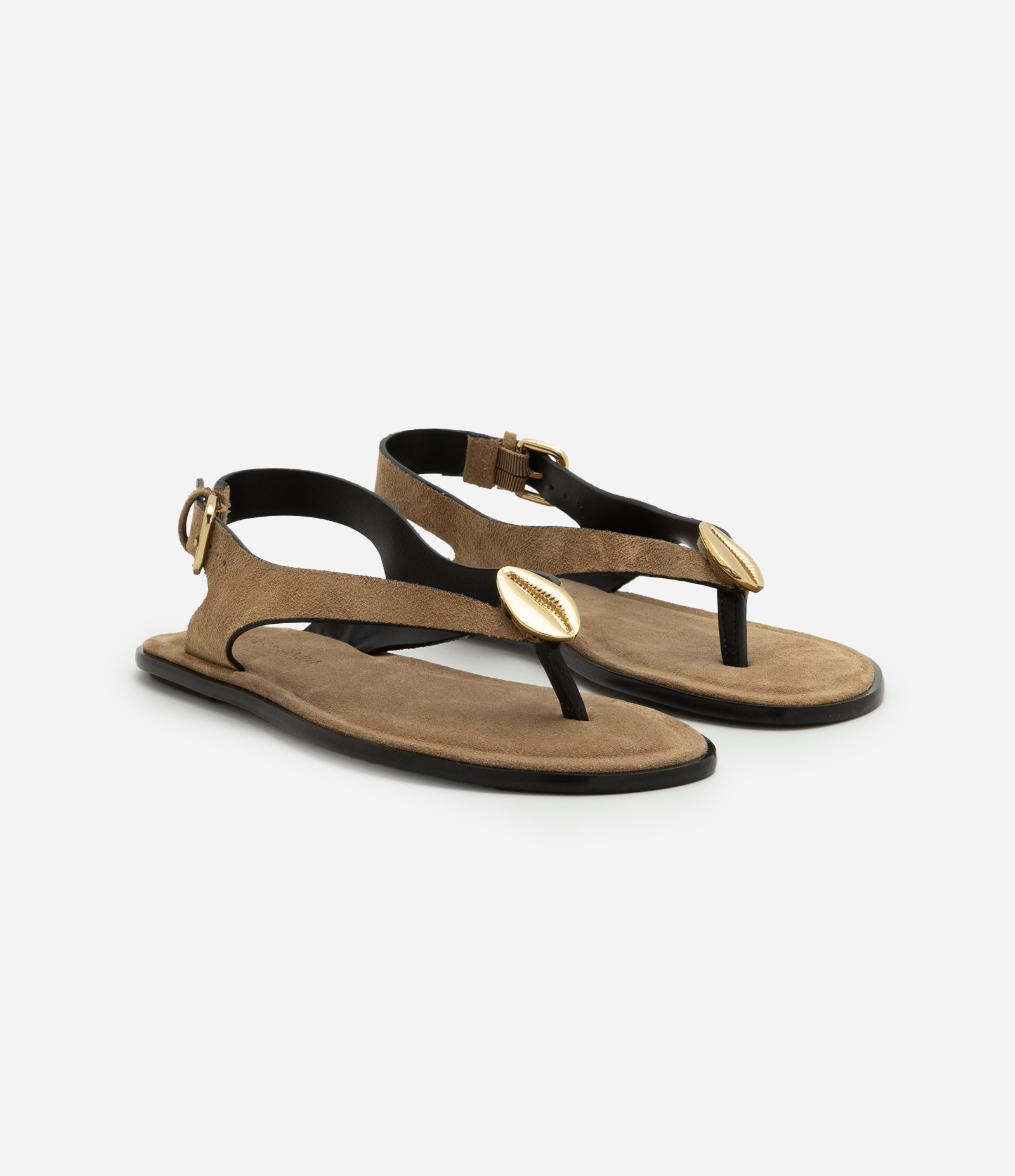 Sandália Rasteira de Dedo em Camurça com Búzio Metalizado Bege 4