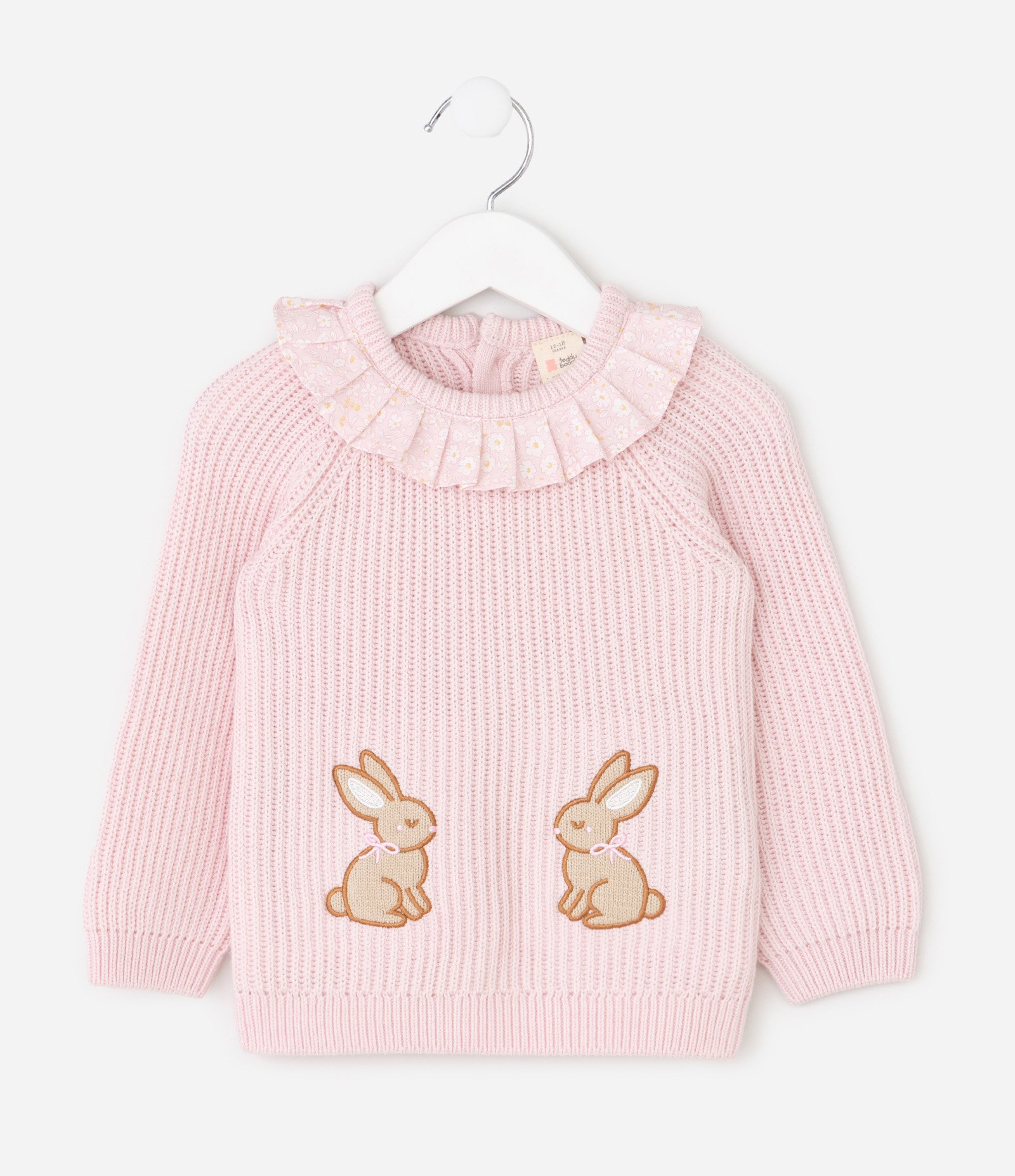Blusa Infantil em Tricô com Gola Babado e Bordado de Coelho – Tam RN a 18 Meses Rosa 1