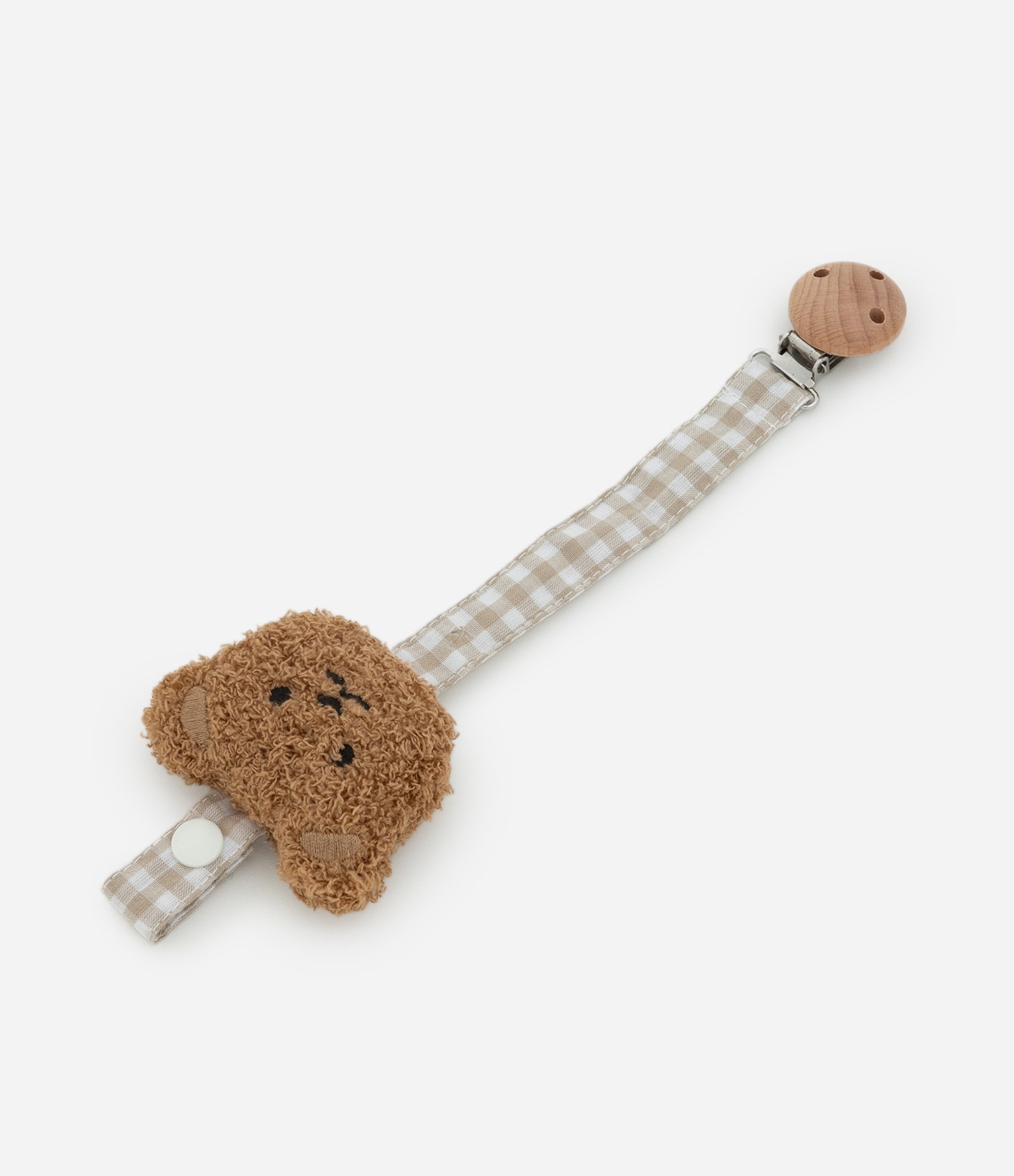 Prendedor de Chupeta Infantil com Carinha de Urso e Tira Vichy – Tam U Marrom/Bege 1