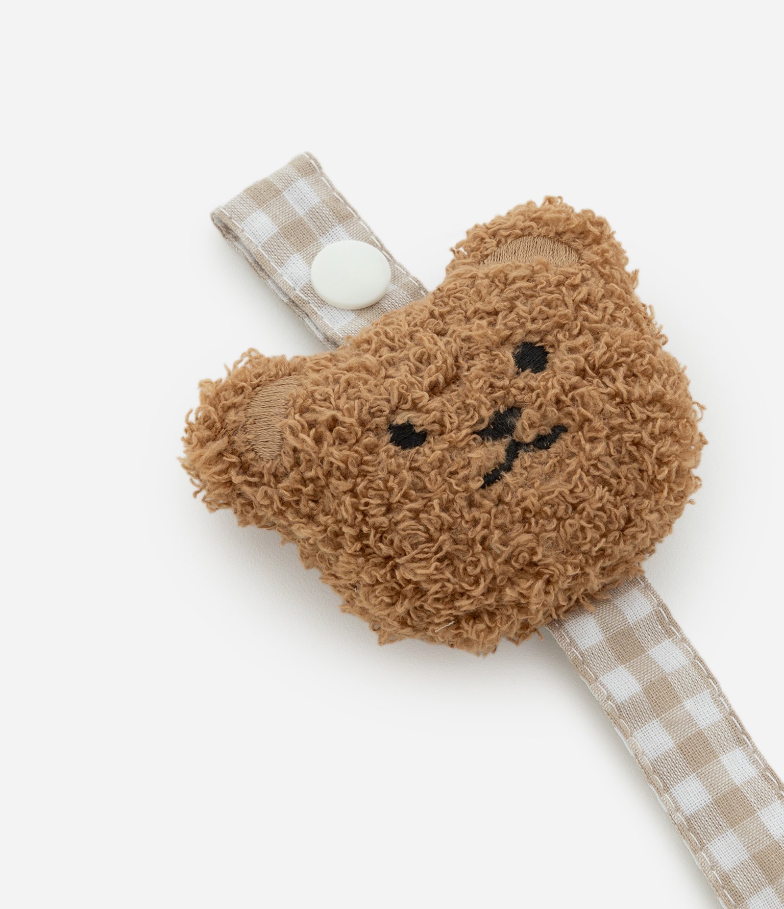 Prendedor de Chupeta Infantil com Carinha de Urso e Tira Vichy – Tam U Marrom/Bege 3