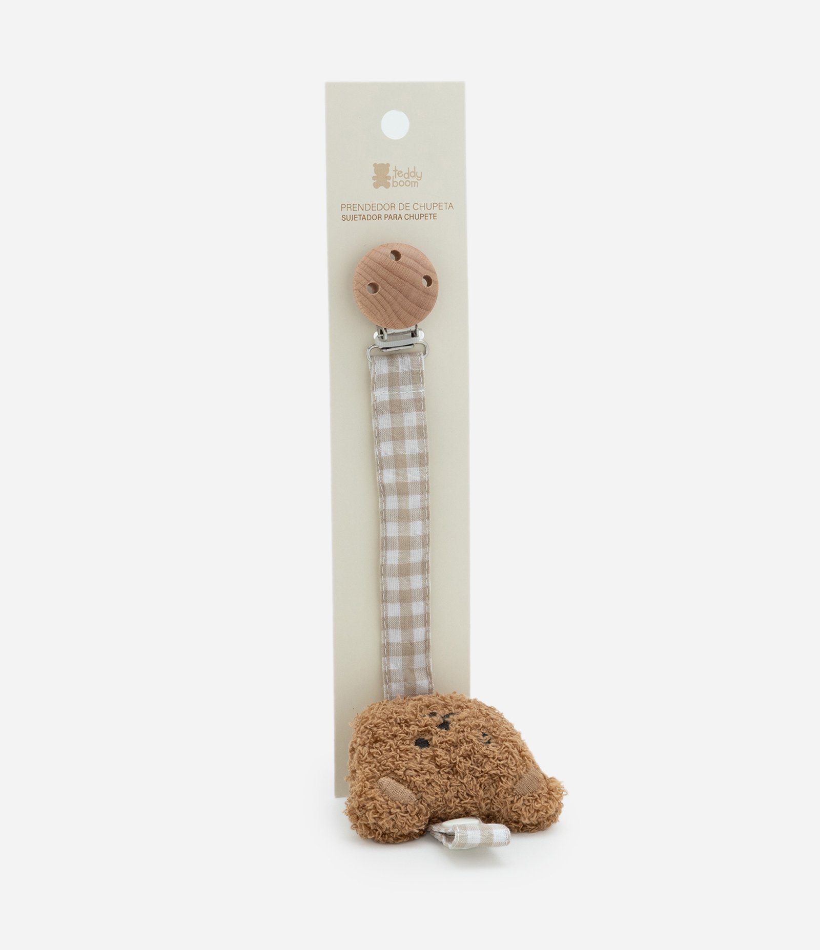 Prendedor de Chupeta Infantil com Carinha de Urso e Tira Vichy – Tam U Marrom/Bege 5