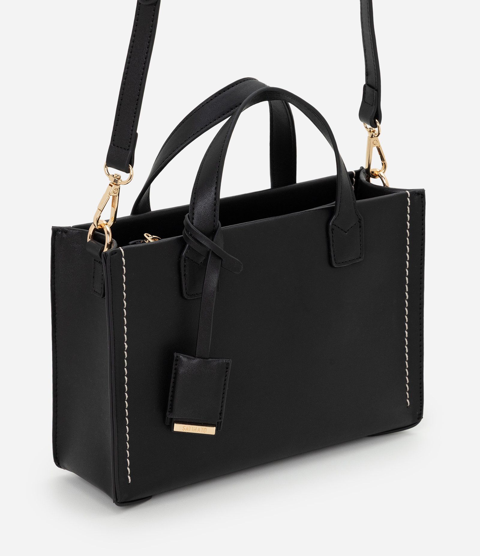 Bolsa Satchel Média com Alça Longa e Detalhes Metalizados Preto 1