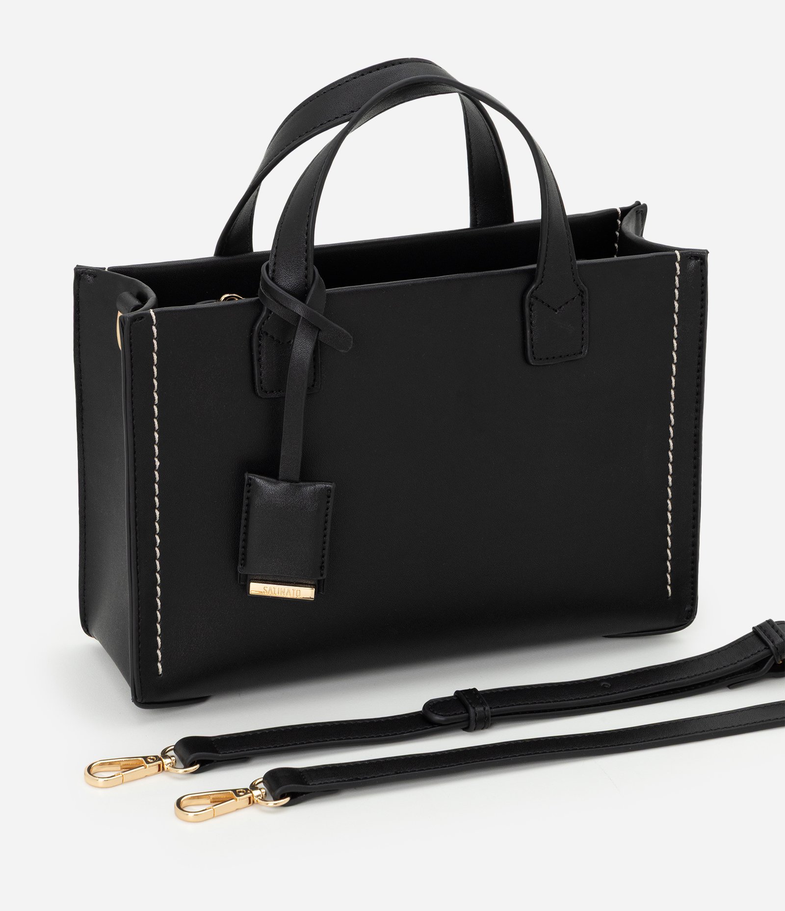 Bolsa Satchel Média com Alça Longa e Detalhes Metalizados Preto 6