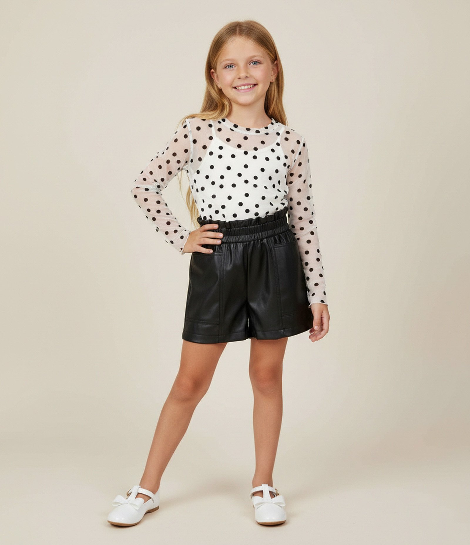 Camiseta Infantil em Tule Poá com Gola Alta e Regata Interna – Tam 5 a 14 Anos Branco 1