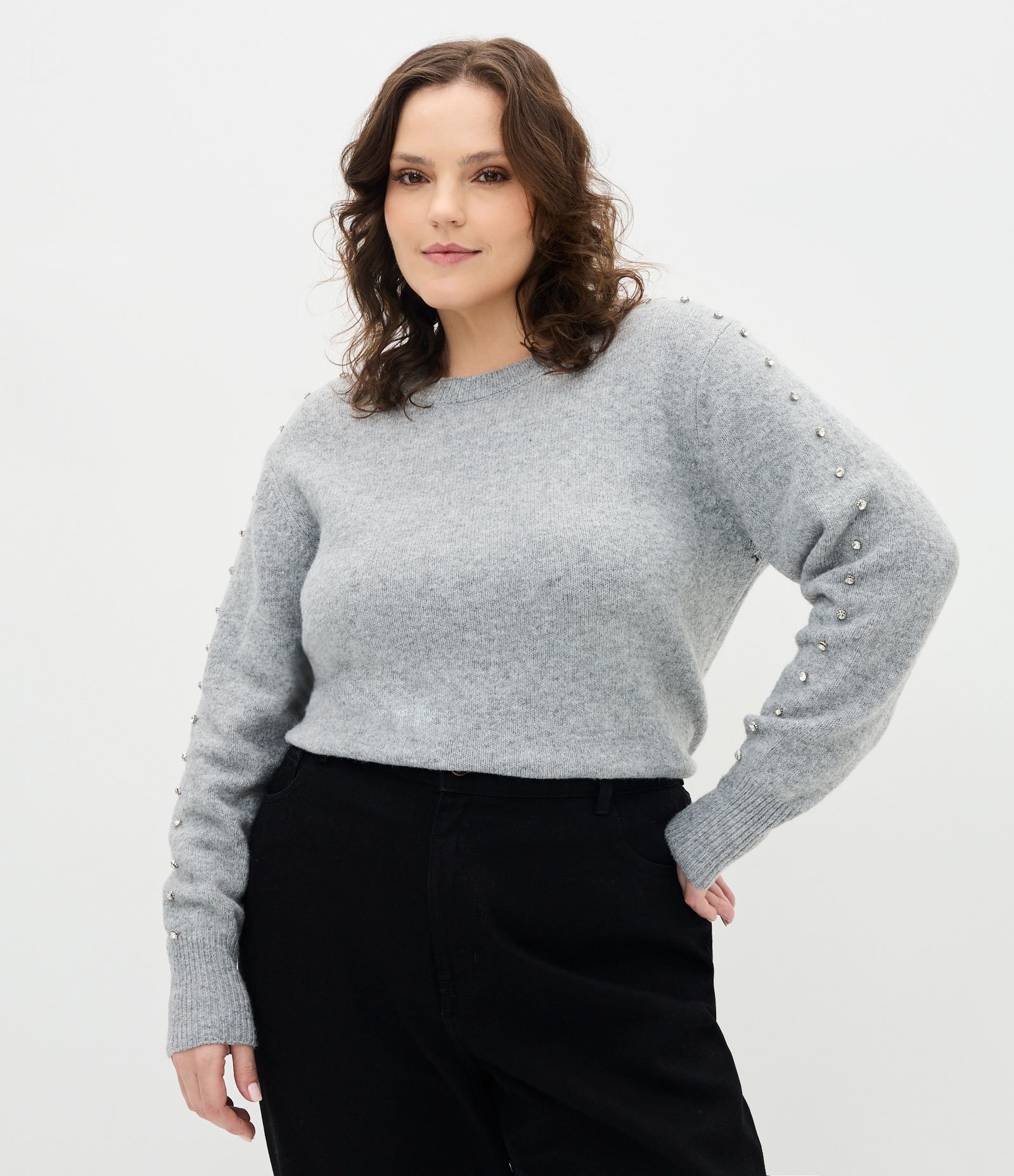 Suéter Amplo em Tricô com Brilhos na Manga Curve & Plus Size Cinza 2