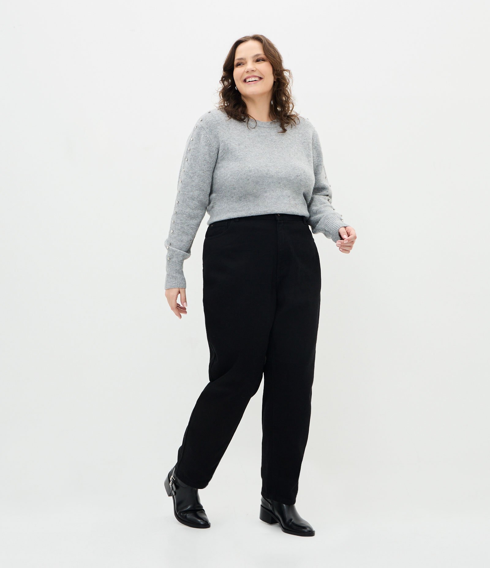 Suéter Amplo em Tricô com Brilhos na Manga Curve & Plus Size Cinza 3