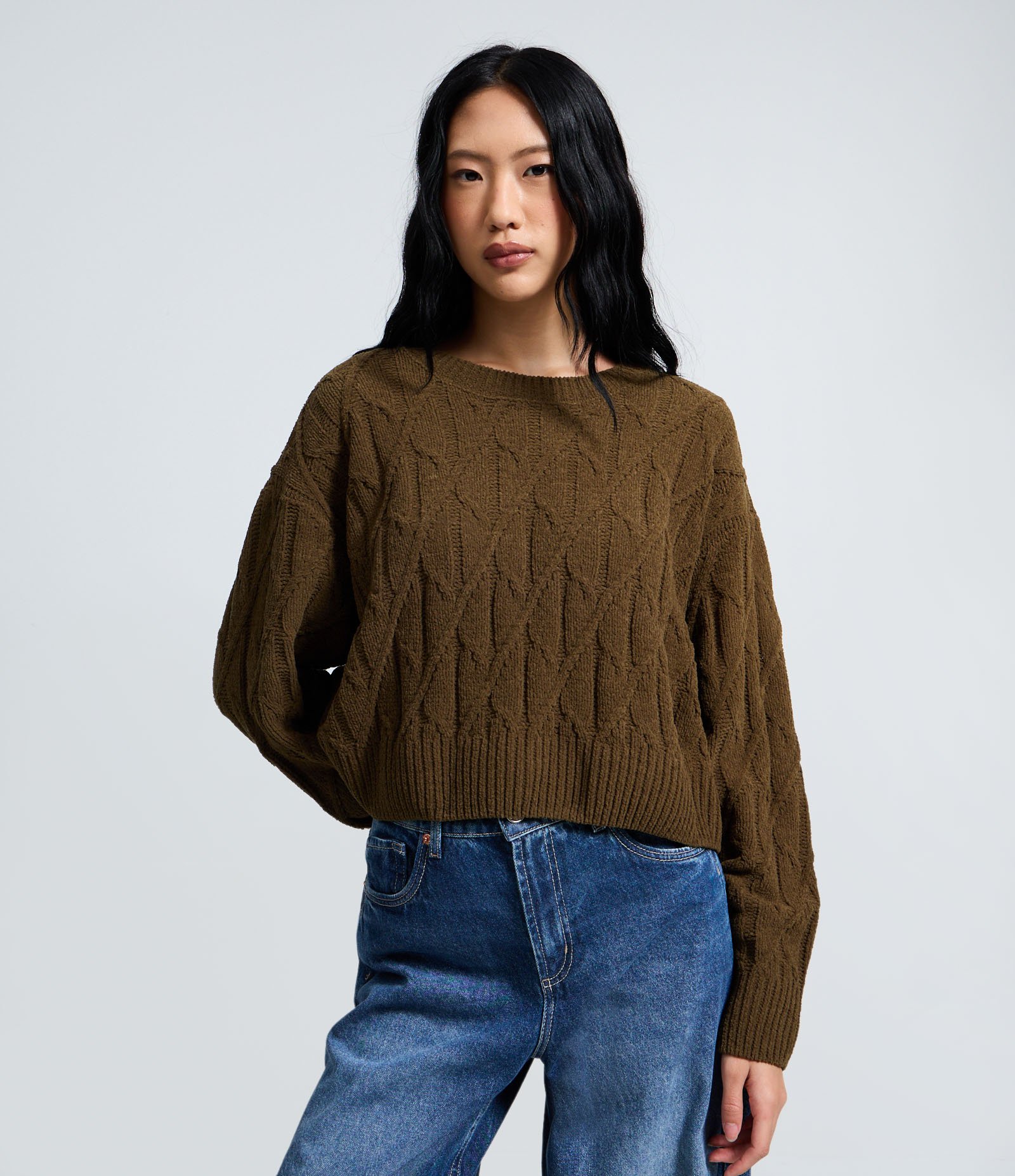 Blusão Canelada em Tricô com Manga Longa Verde Oliva 1