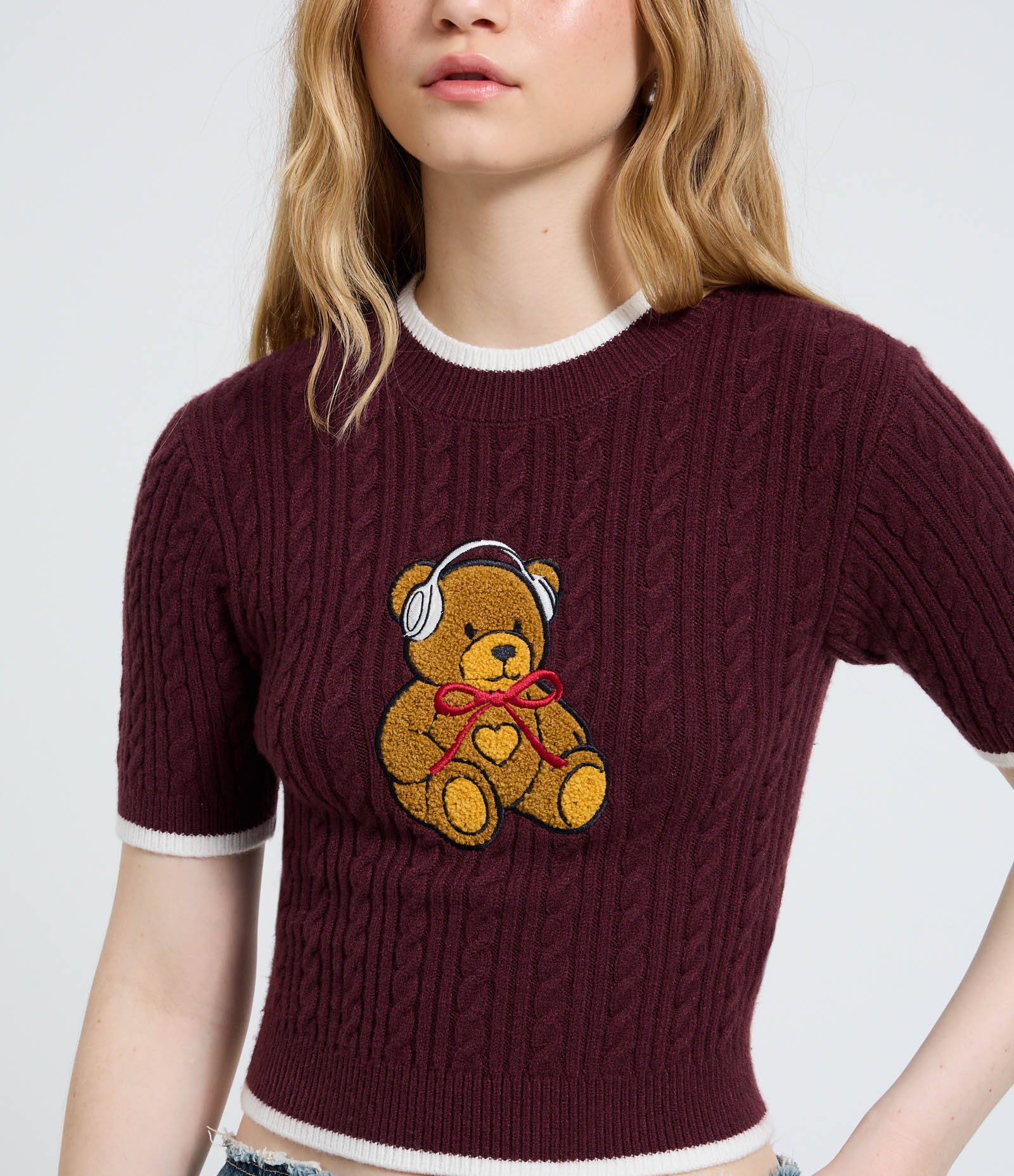 Blusa em Tricô com Bordado de Urso Vinho 3