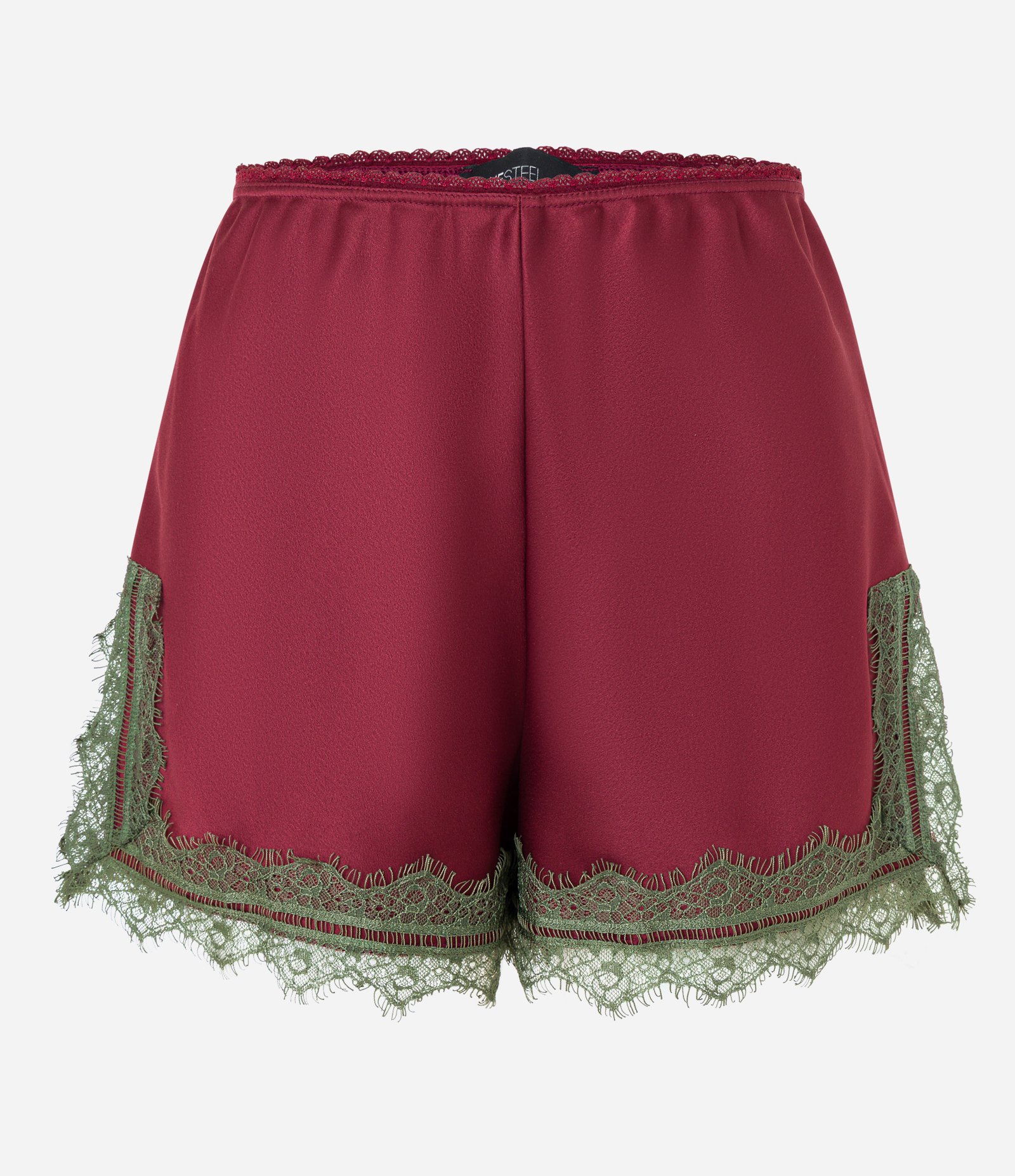 Short Curto Evasê em Cetim Com Renda Contrastante na Barra Vermelho 5