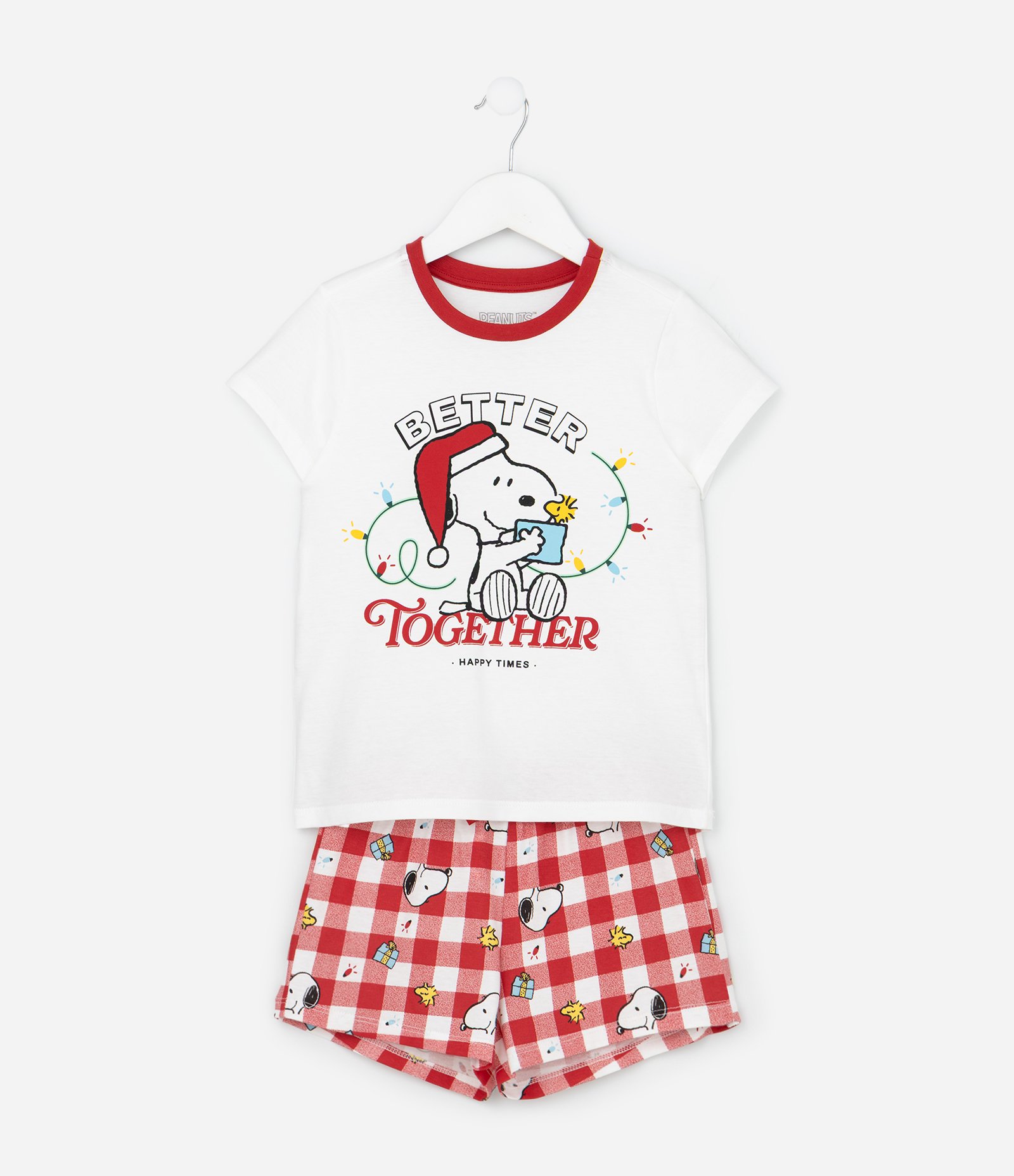 Pijama Curto Infantil com Estampa Xadrez de Natal Snoopy - Tam 2 a 14 Anos Vermelho 1