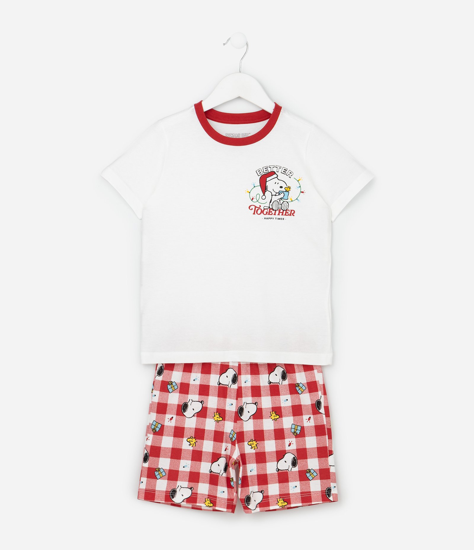 Pijama Curto Infantil com Estampa Xadrez de Natal Snoopy - Tam 2 a 14 Anos Vermelho 1